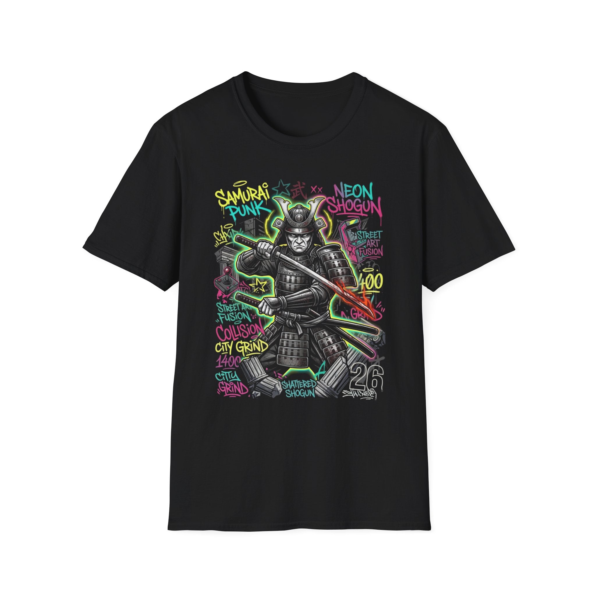 Samurai Punk Neon Graffiti Graphic T-Shirt - Urban Streetwear Warrior Tee