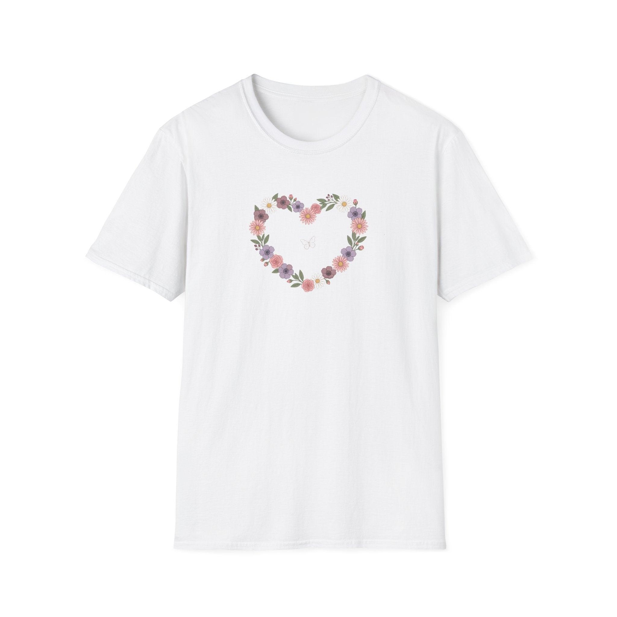 Floral Heart Wreath Graphic T-Shirt | Pastel Cottagecore Butterfly Unisex Tee