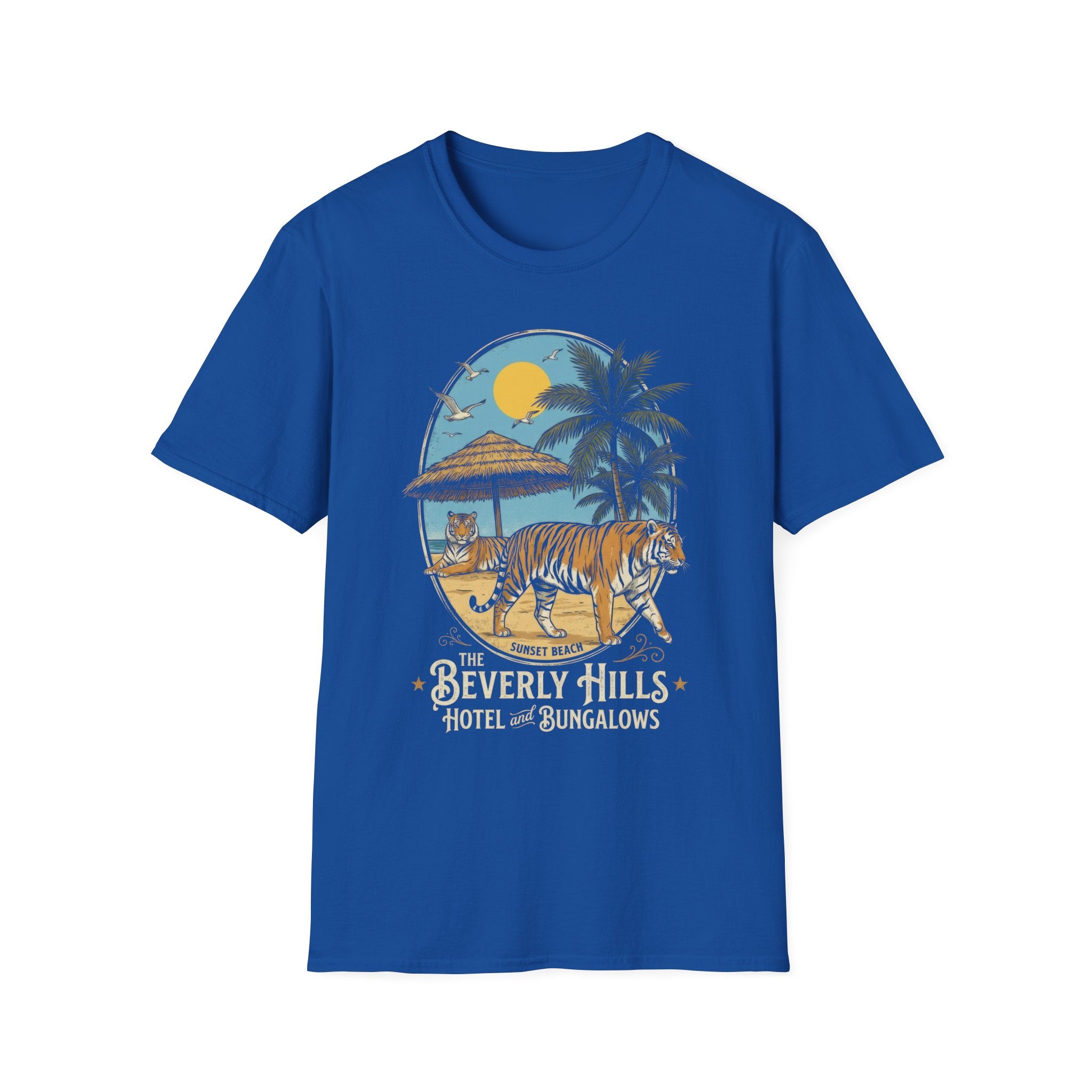 Vintage Sunset Beach Tiger Graphic T-Shirt - Beverly Hills Hotel Style