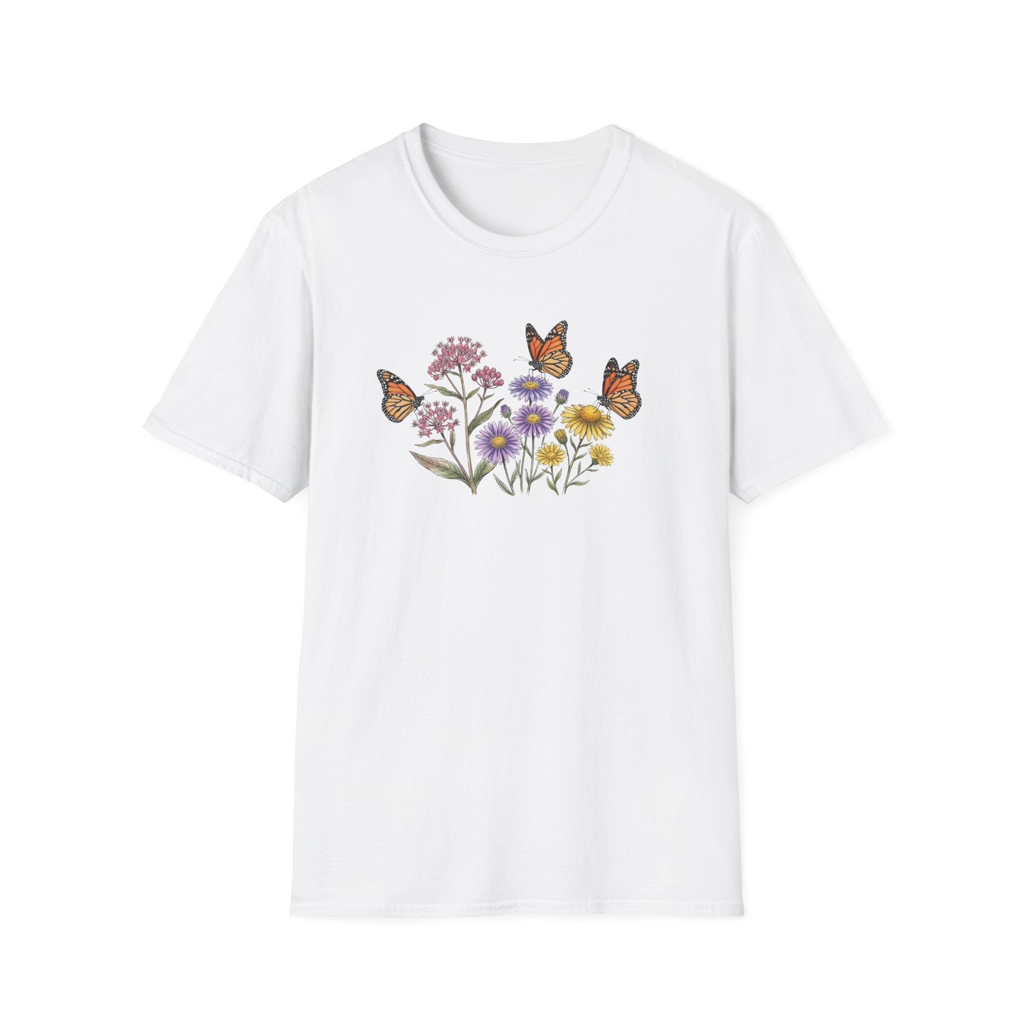 Vintage Wildflower and Monarch Butterfly Unisex T-Shirt - Cottagecore Floral Graphic Tee