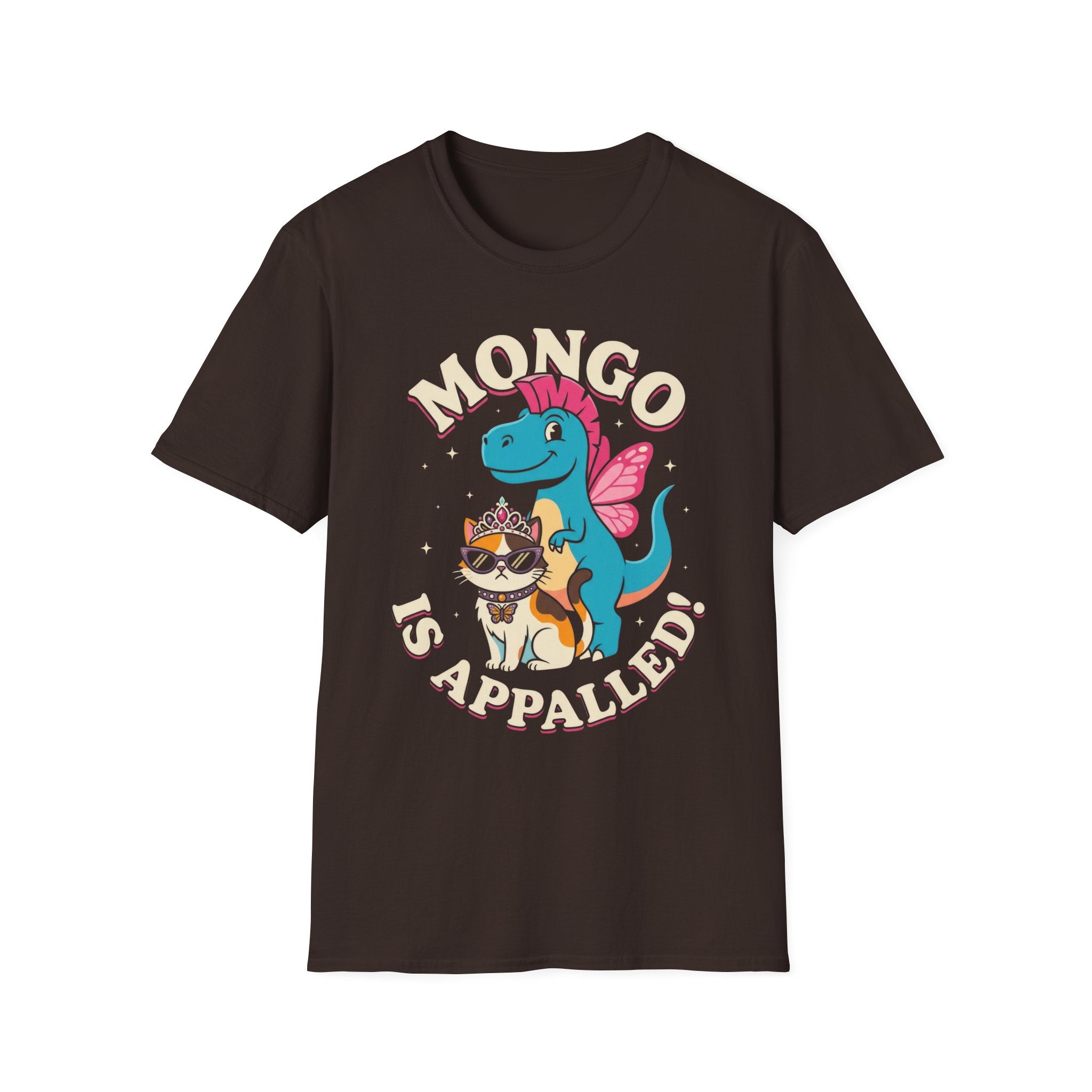 Mongo is Appalled Funny Graphic T-Shirt - Cute Dinosaur and Sassy Cat Tee