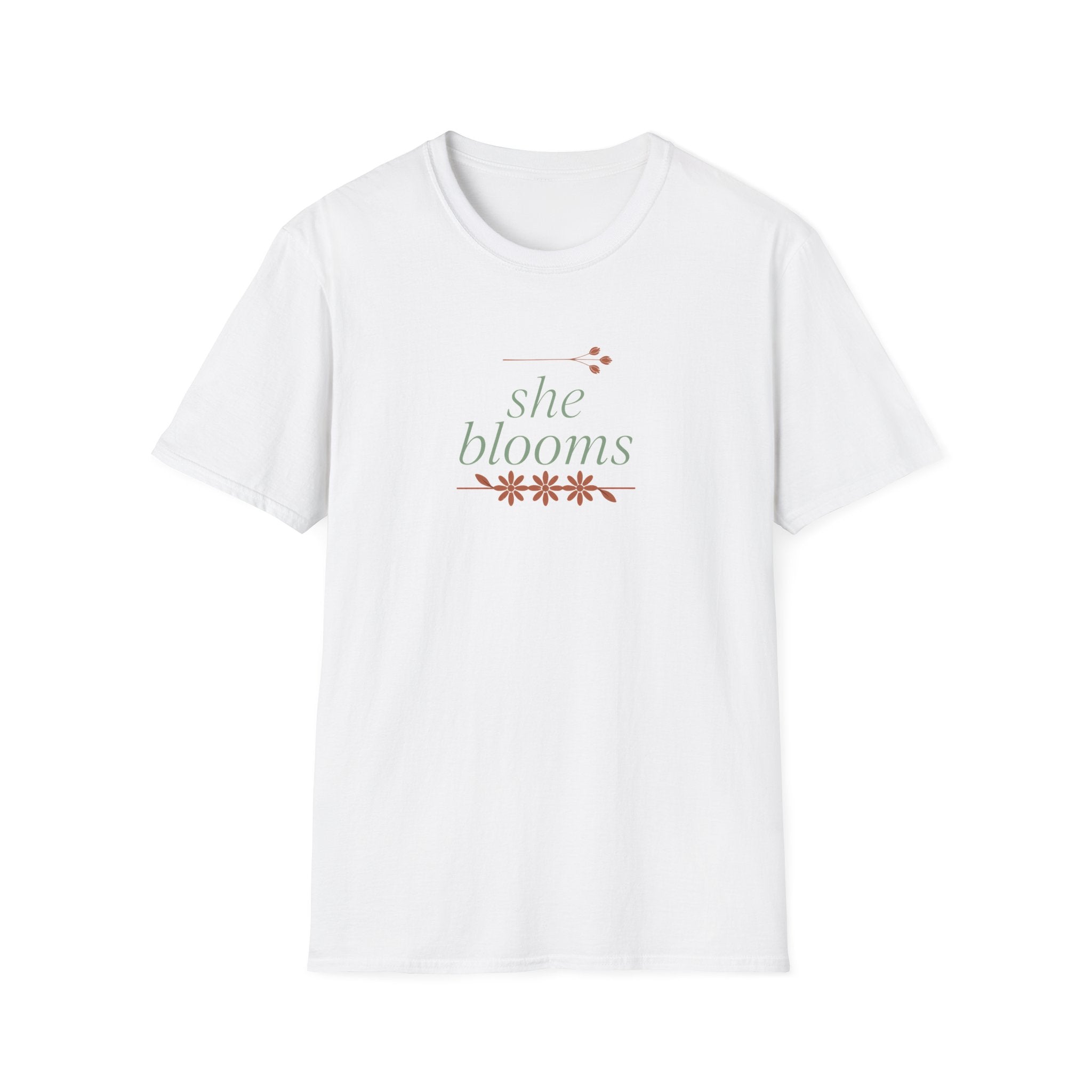 "She Blooms" Unisex T-Shirt – Inspirational Floral Botanical Tee