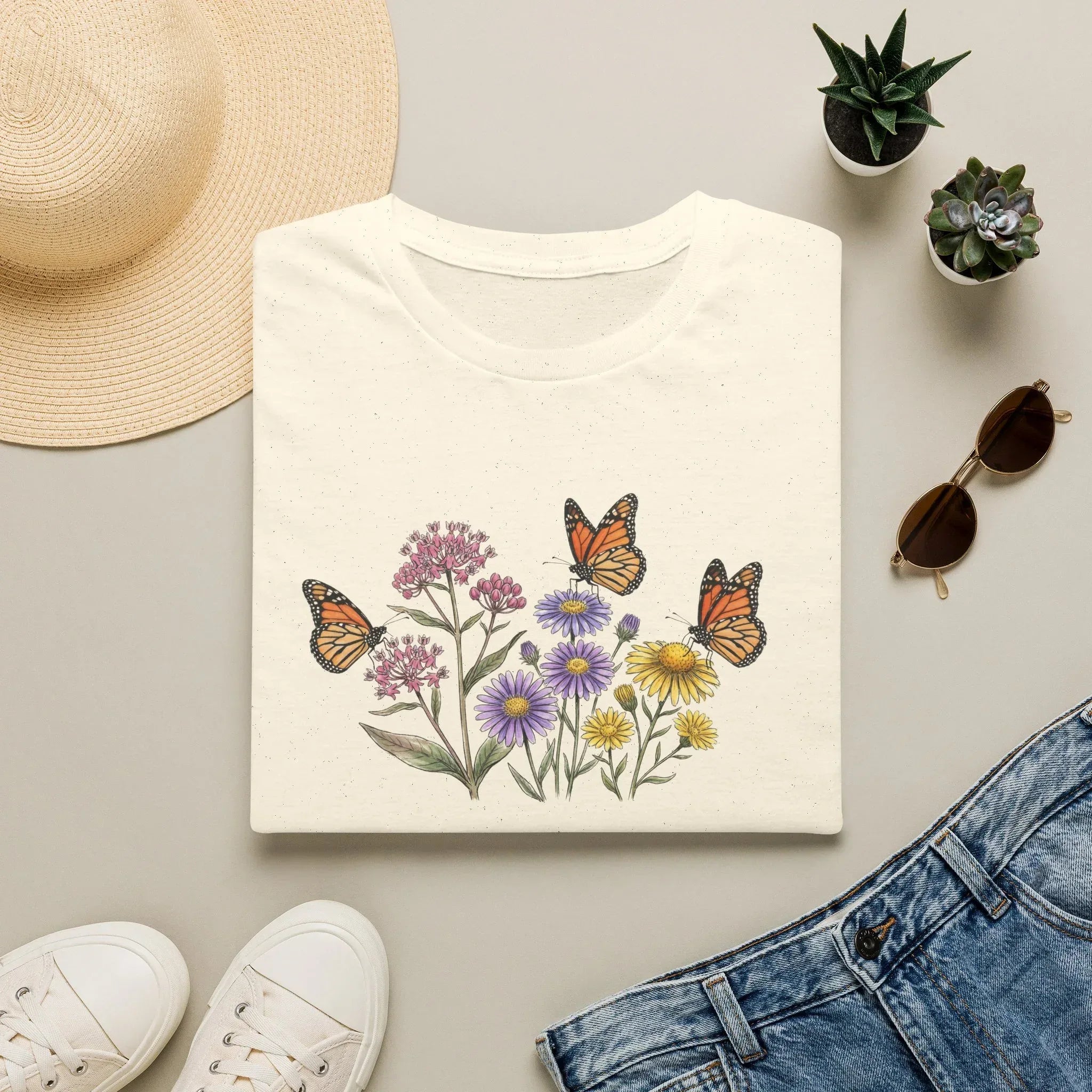 Vintage Wildflower and Monarch Butterfly Unisex T-Shirt - Cottagecore Floral Graphic Tee