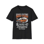 Black t-shirt with vintage road racing car graphic, 'Road Racing' text, and 'Legendary Old School' design