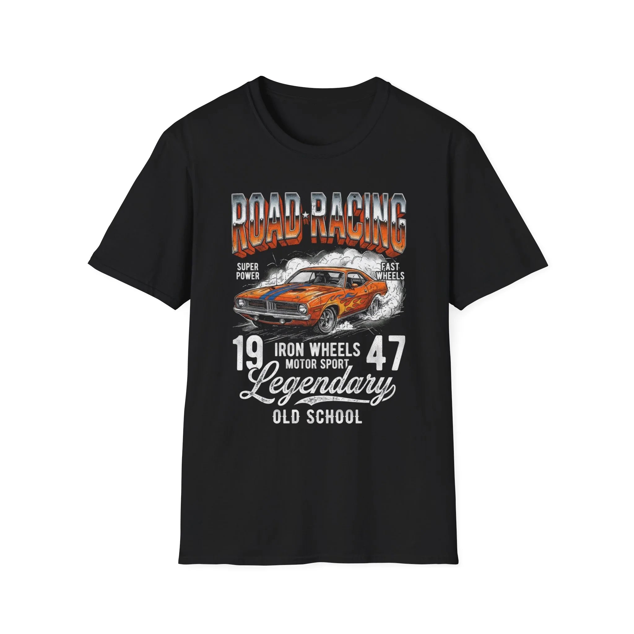Black t-shirt with vintage road racing car graphic, 'Road Racing' text, and 'Legendary Old School' design