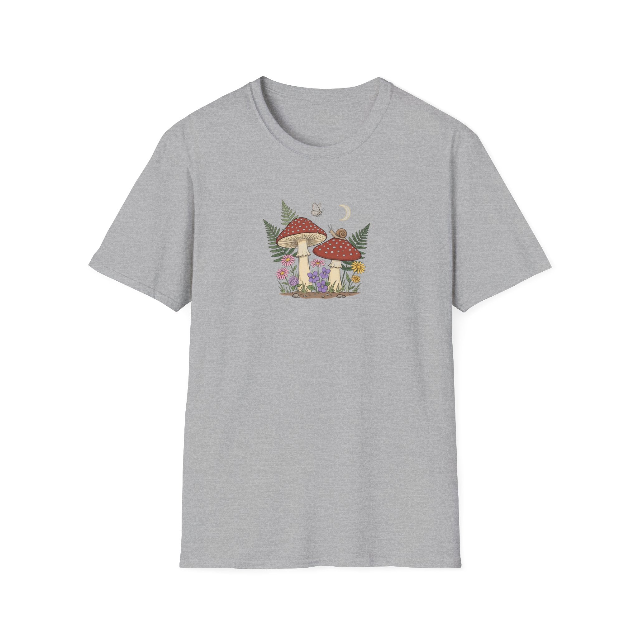 Vintage Mushroom and Forest Wildflower Unisex T-Shirt - Cottagecore Botanical Graphic Tee