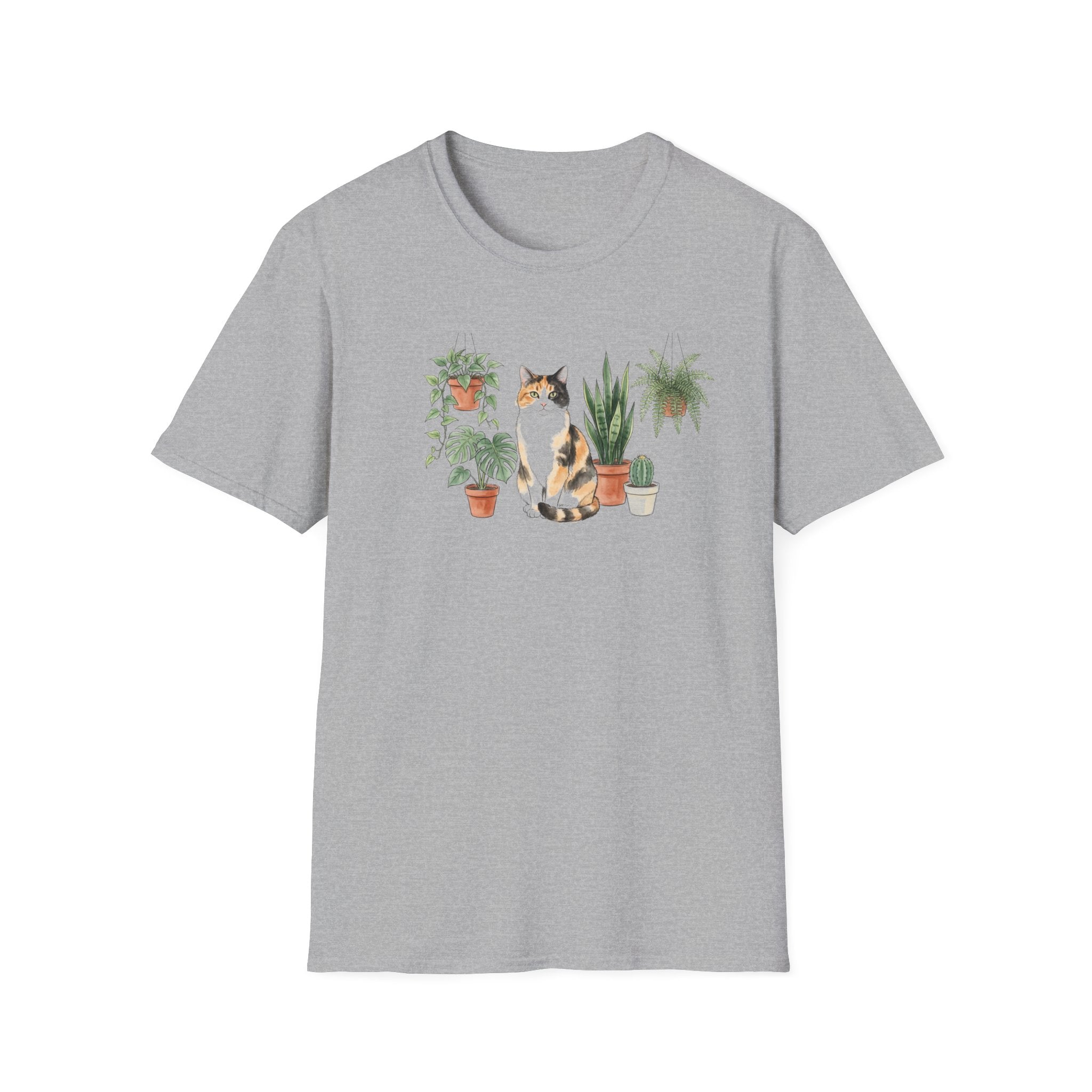 Vintage Calico Cat and Houseplants Unisex T-Shirt - Cute Botanical Cat Graphic Tee