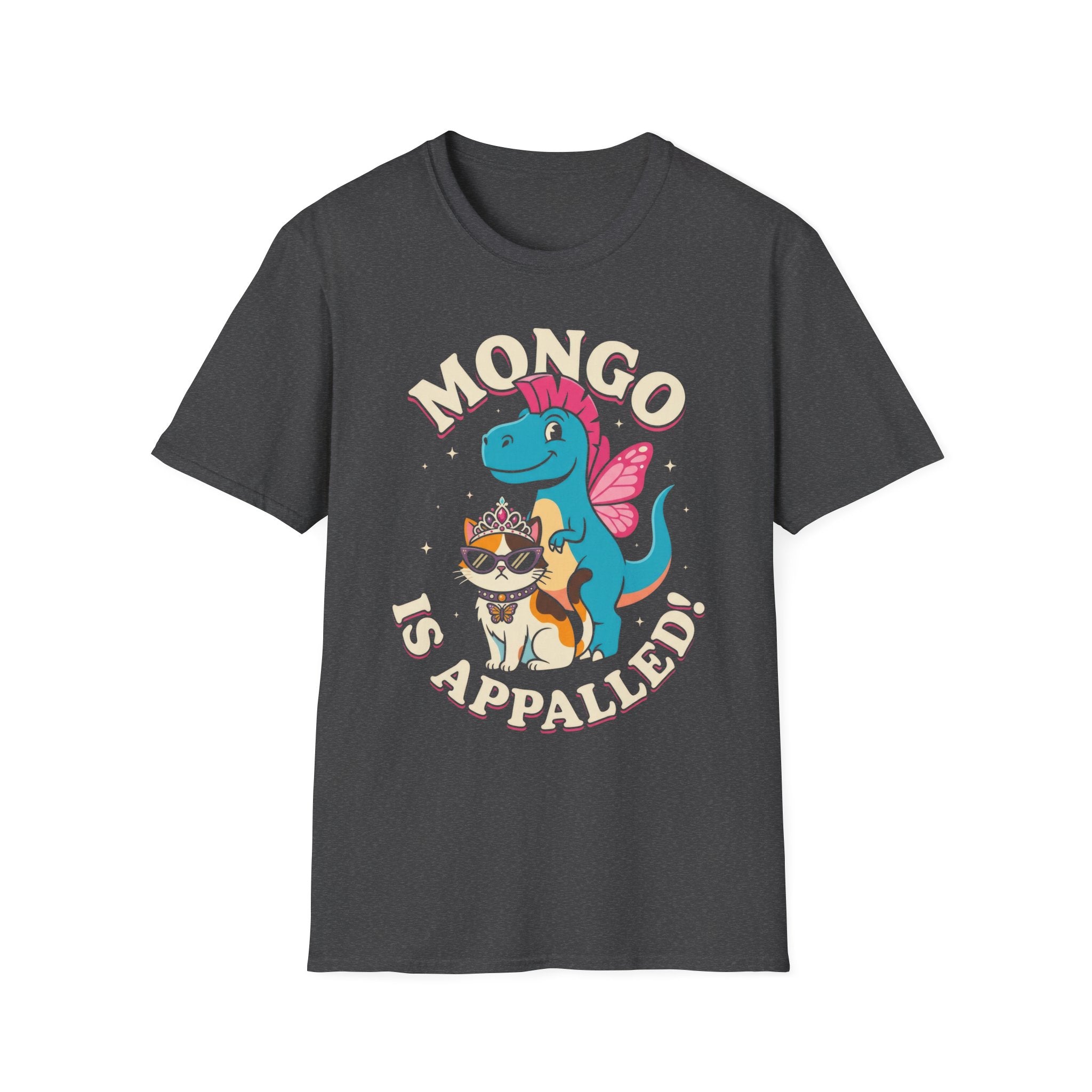 Mongo is Appalled Funny Graphic T-Shirt - Cute Dinosaur and Sassy Cat Tee