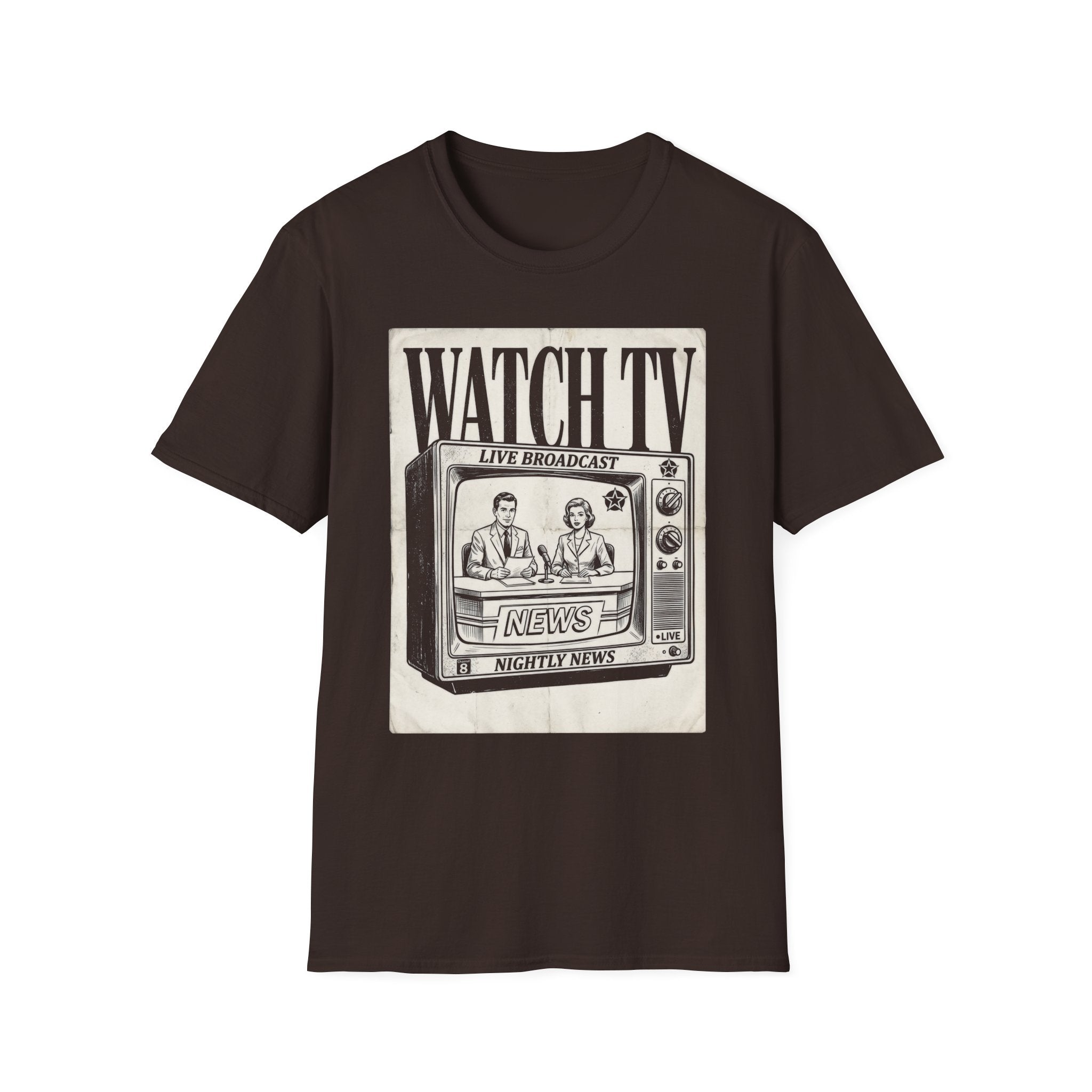 Vintage "WATCH TV" News Graphic T-Shirt - Retro Broadcast Nostalgia Tee