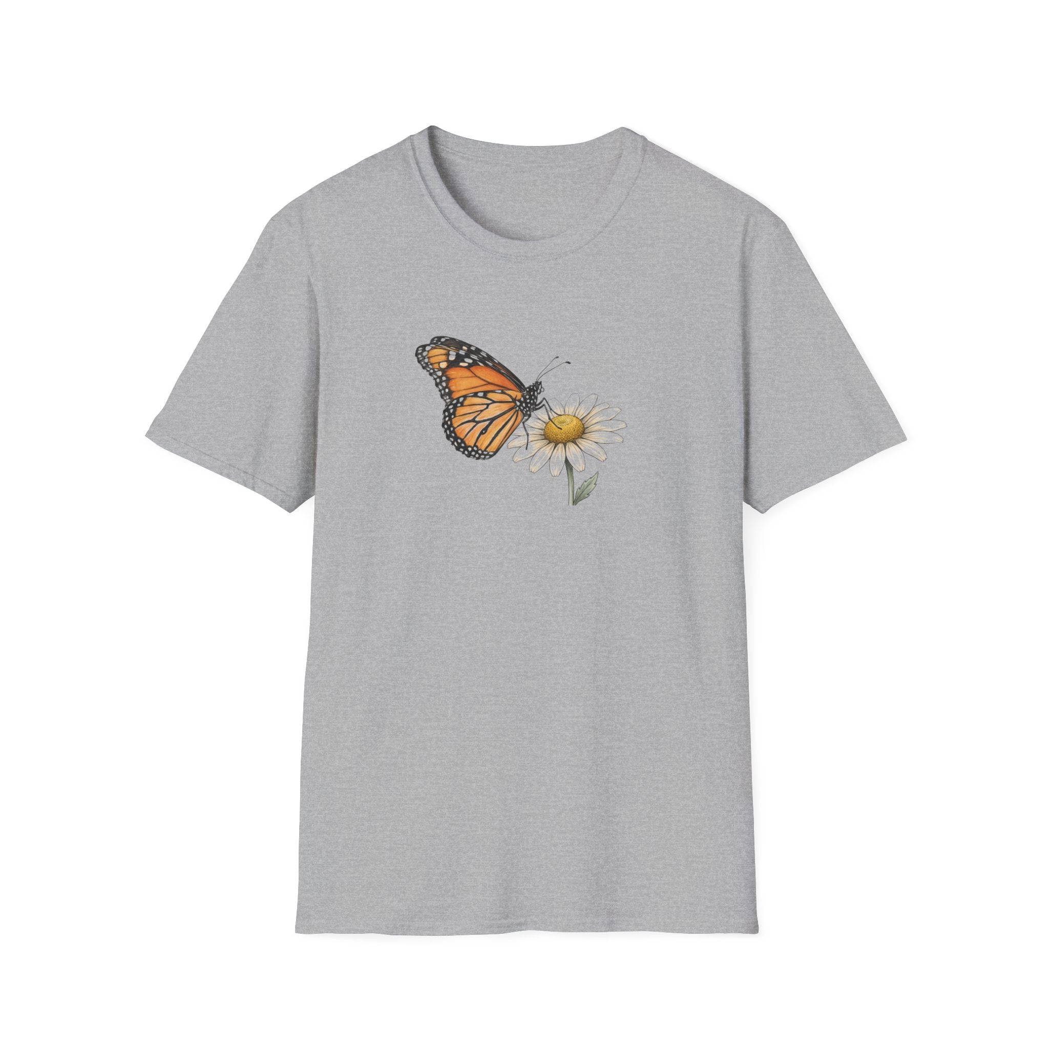 Minimalist Monarch Butterfly and Daisy Unisex T-Shirt - Vintage Botanical Flower Graphic Tee