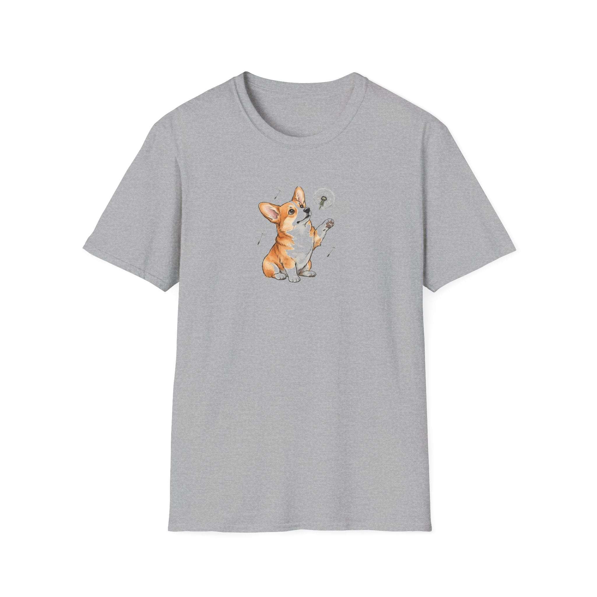 Adorable Corgi with Dandelion Unisex T-Shirt – Cute Dog Lover Graphic Tee