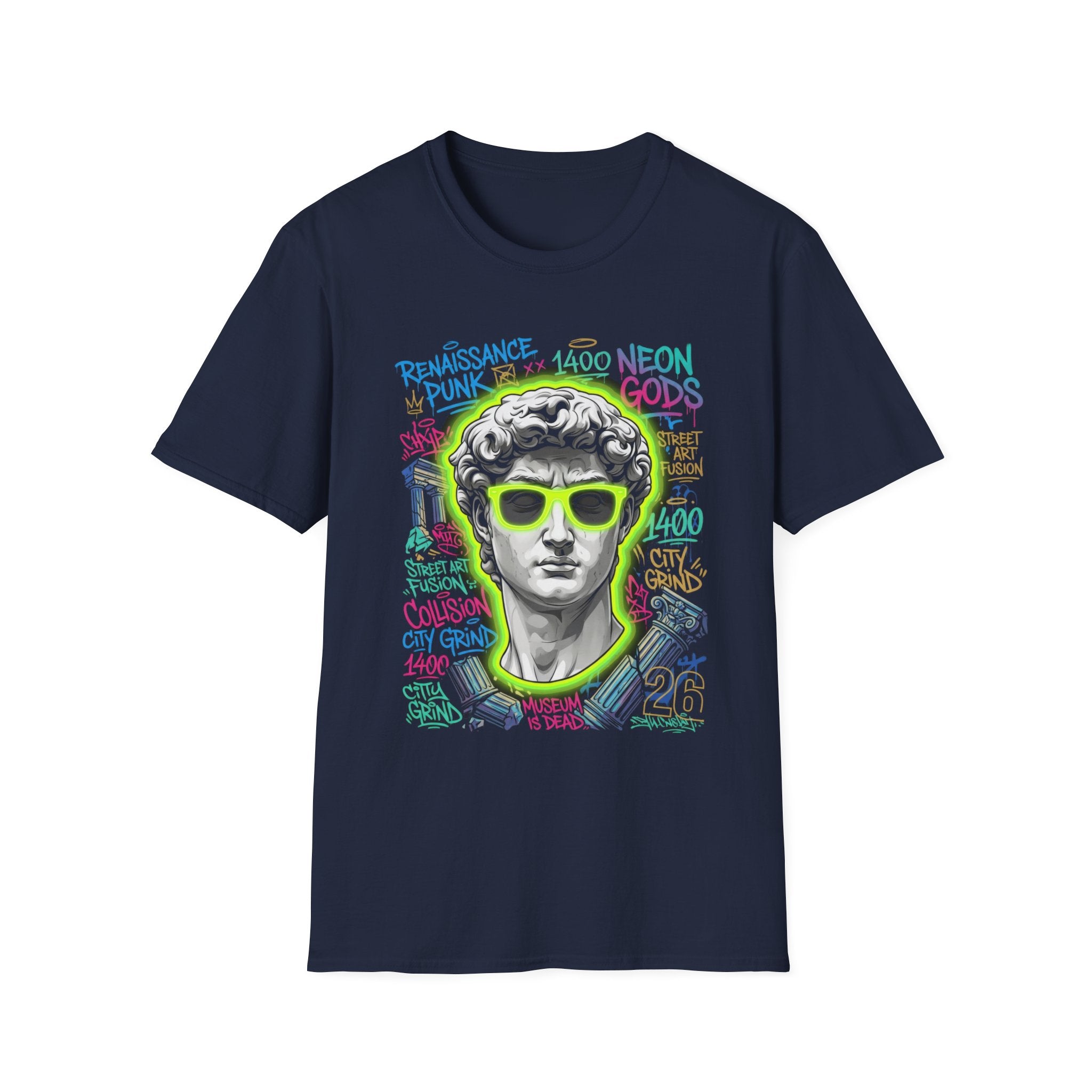 Renaissance Punk Graphic T-Shirt - Neon Street Art David Statue