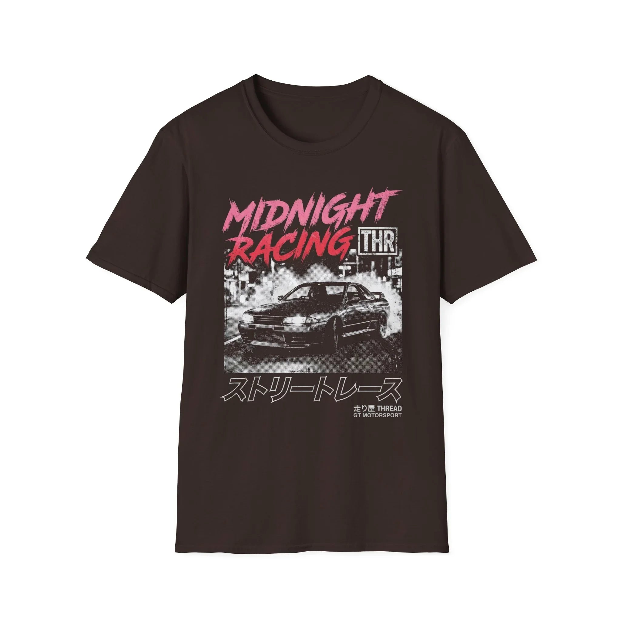 Midnight Racing THR t-shirt with street race car graphic and Japanese text design