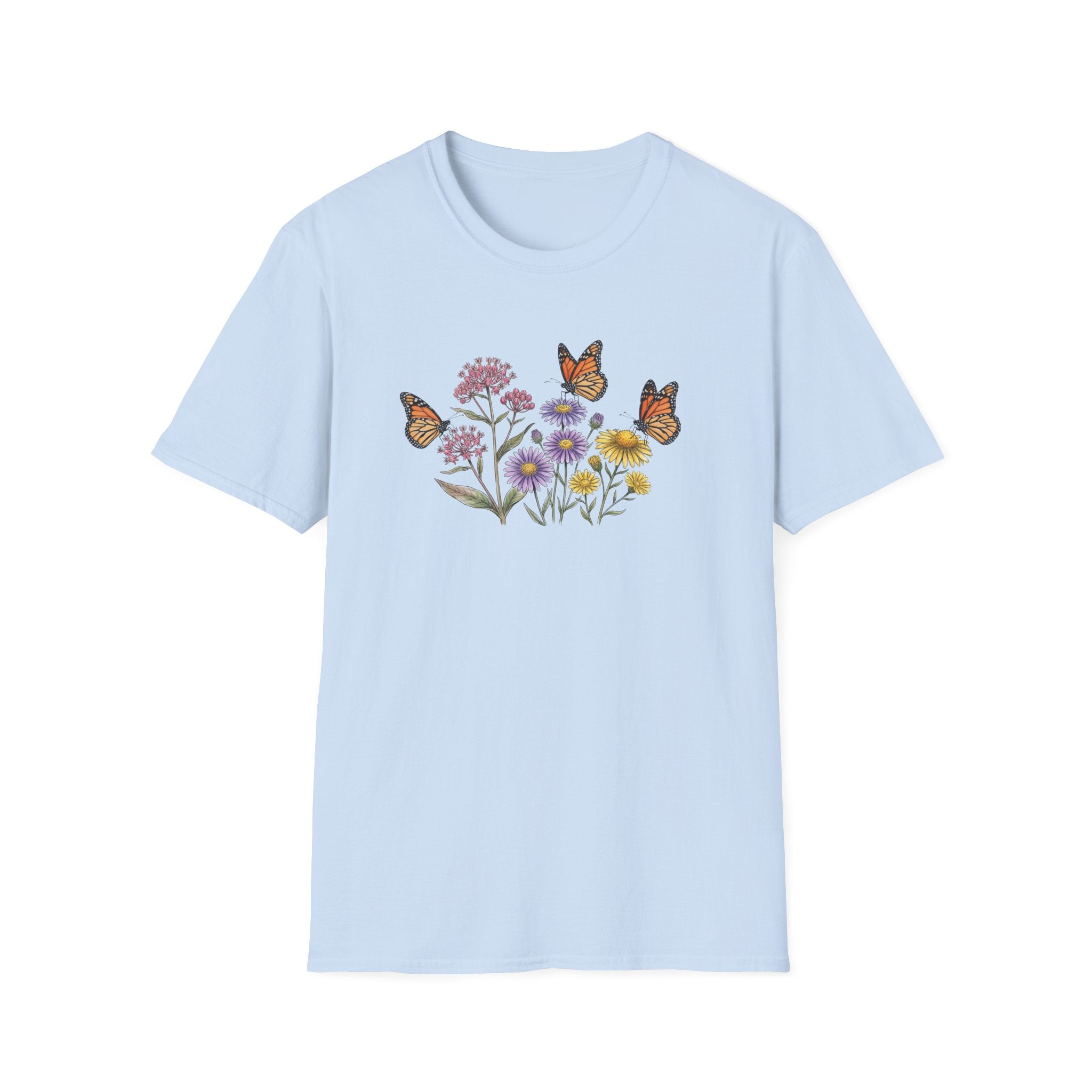 Vintage Wildflower and Monarch Butterfly Unisex T-Shirt - Cottagecore Floral Graphic Tee