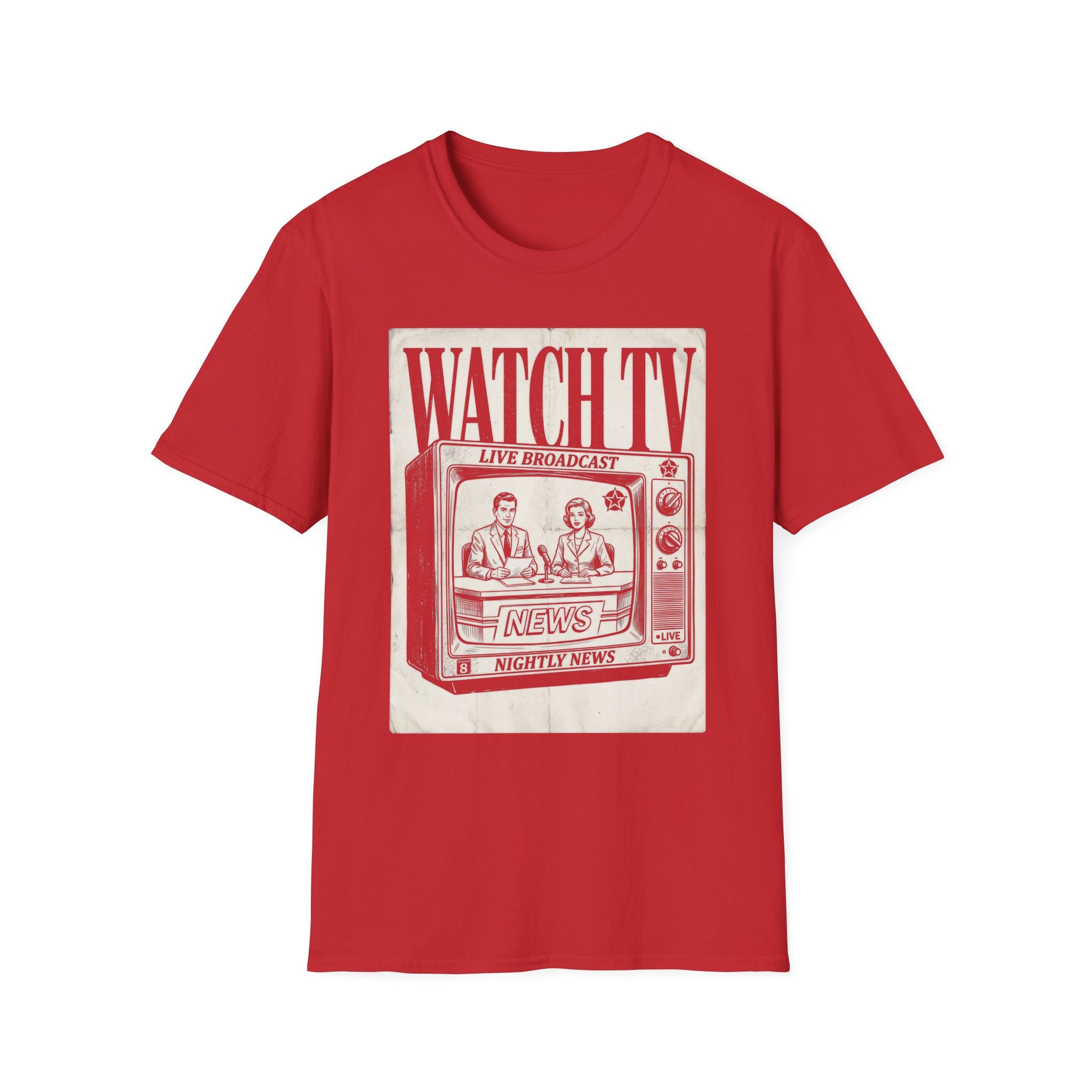 Vintage "WATCH TV" News Graphic T-Shirt - Retro Broadcast Nostalgia Tee