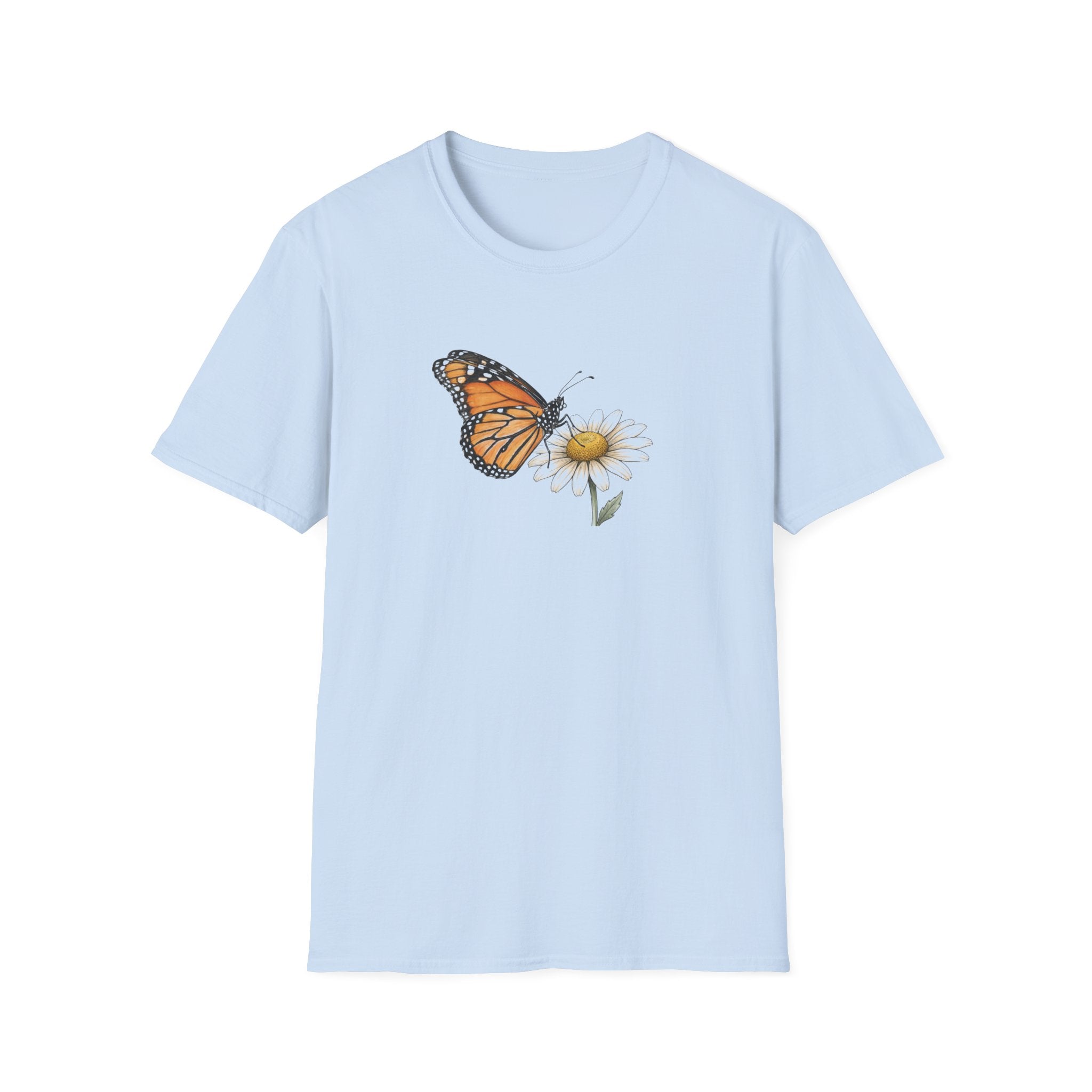 Minimalist Monarch Butterfly and Daisy Unisex T-Shirt - Vintage Botanical Flower Graphic Tee