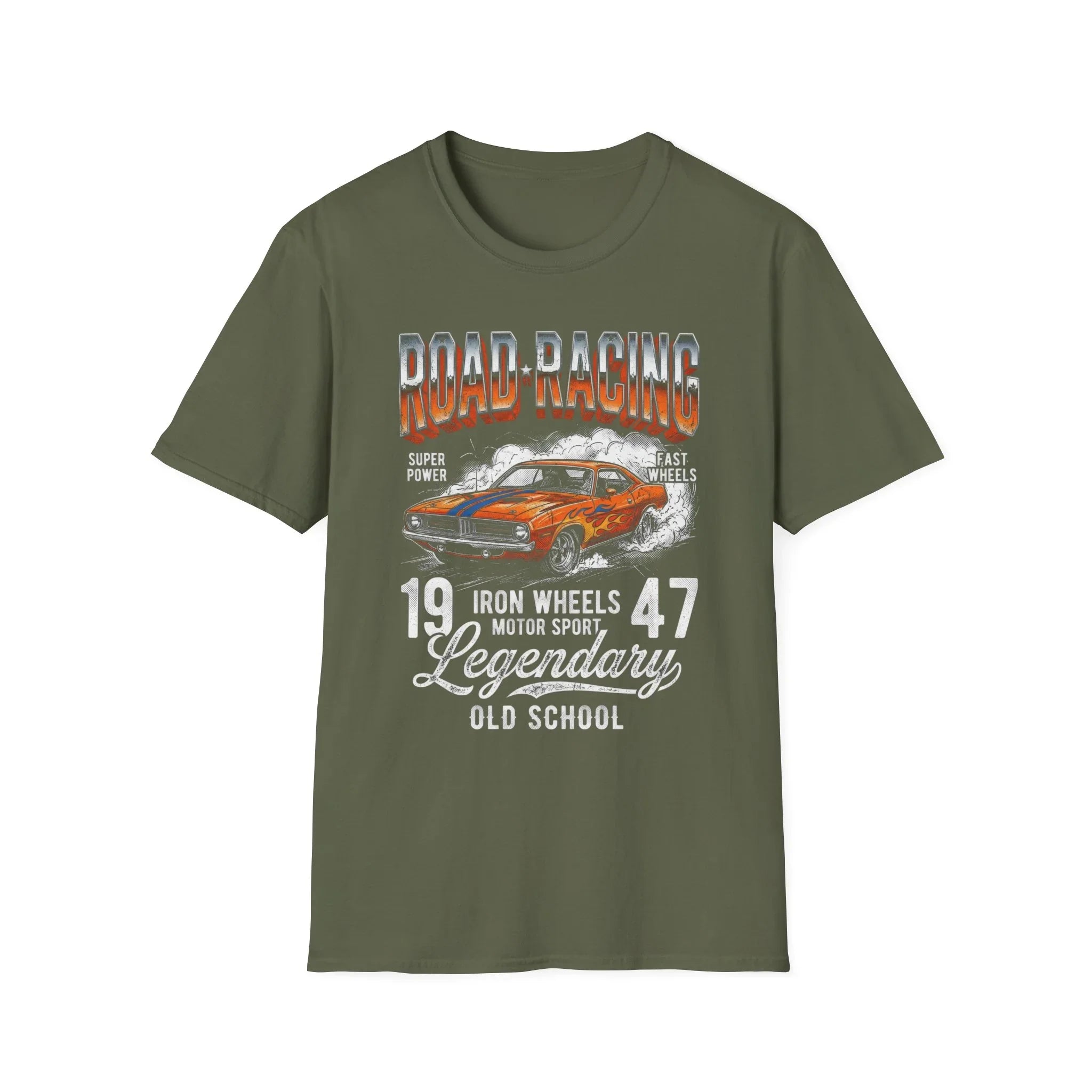 Vintage road racing t-shirt with classic muscle car graphic and 'Legendary Old School' text
