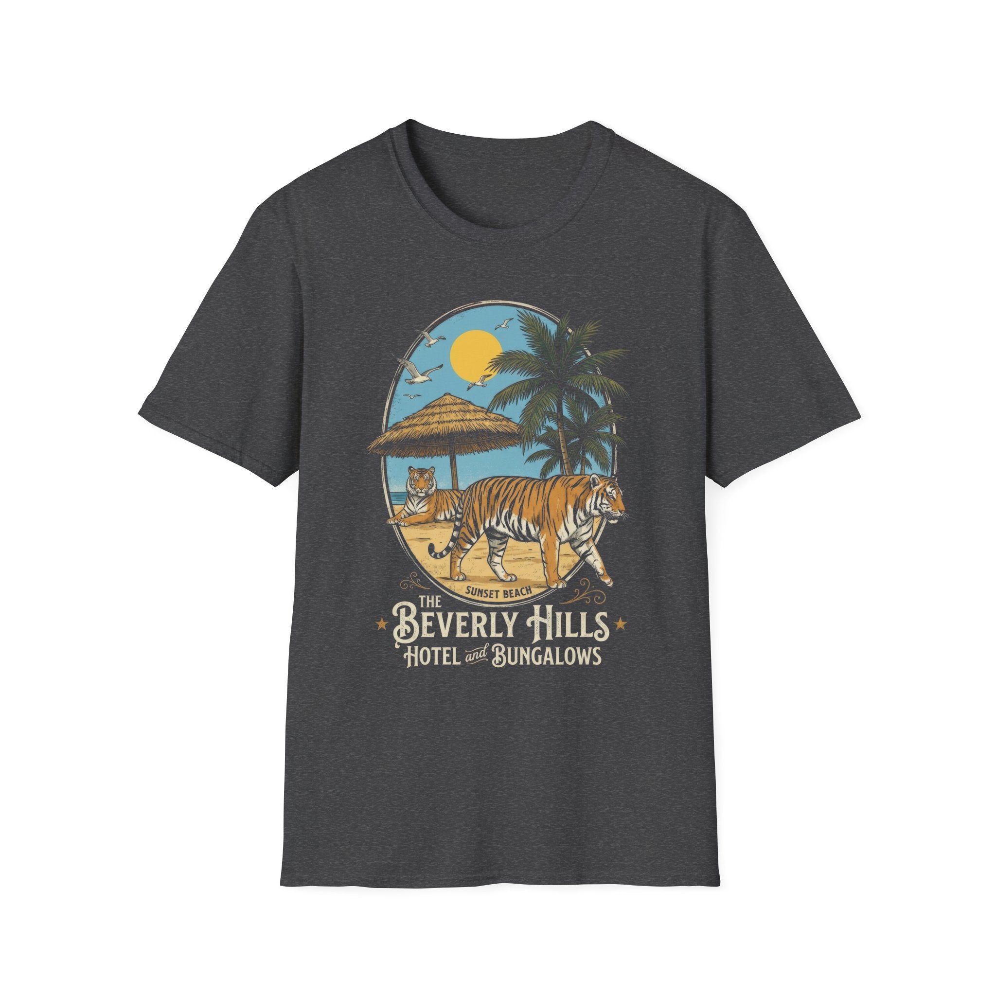 Vintage Sunset Beach Tiger Graphic T-Shirt - Beverly Hills Hotel Style