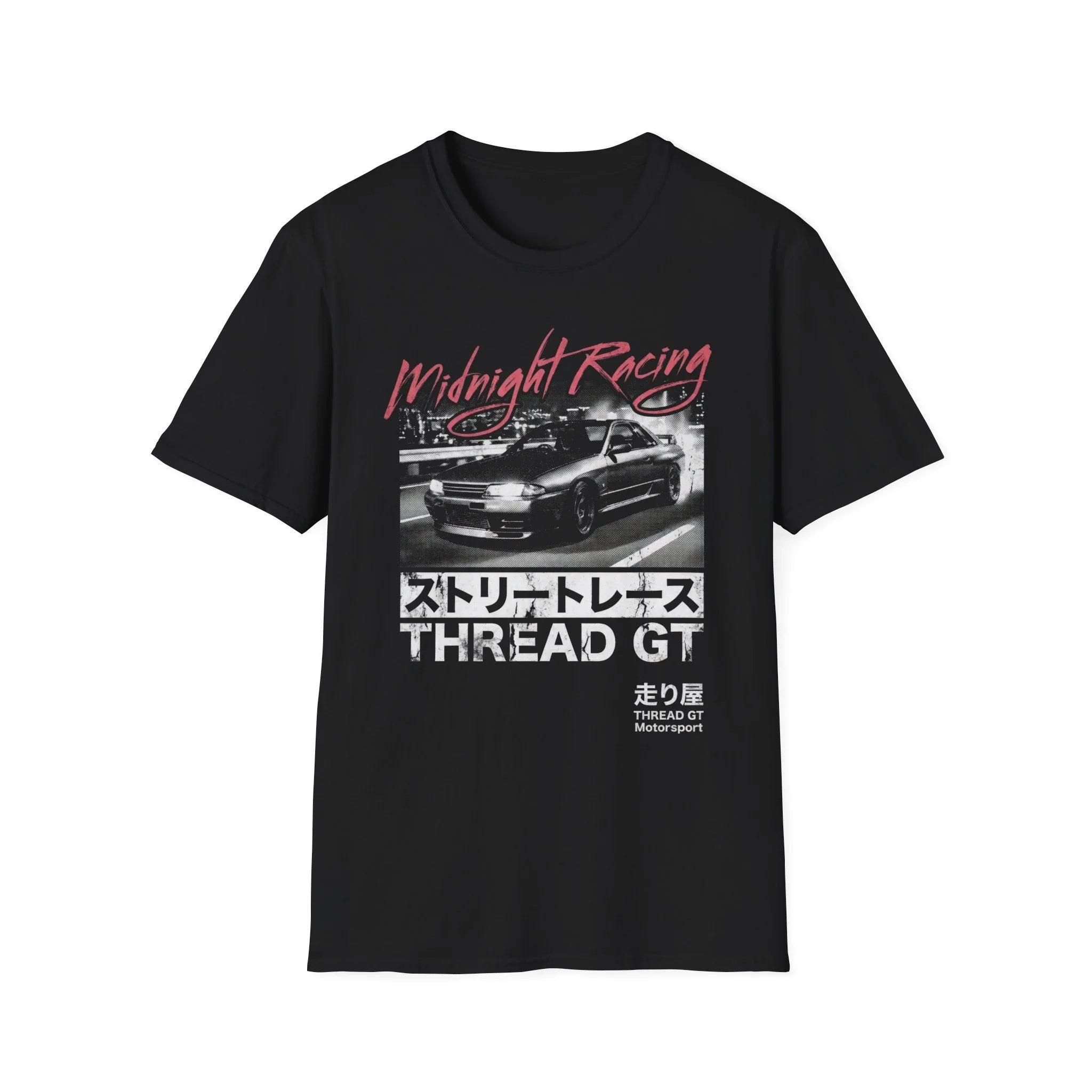 Black t-shirt with Midnight Racing design, featuring a sports car and Japanese text for street racing fans.