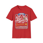 Red t-shirt with racing car graphic and 'You Drive Me Insane' text
