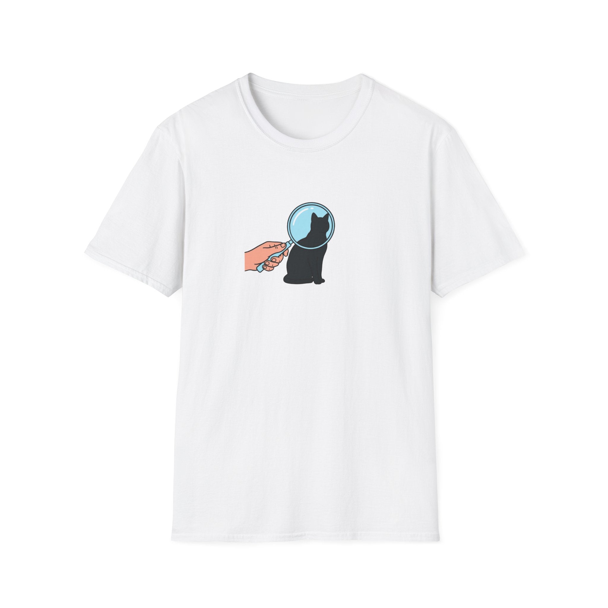 Minimalist Black Cat Magnifying Glass T-Shirt - Cute Pet Detective White Tee