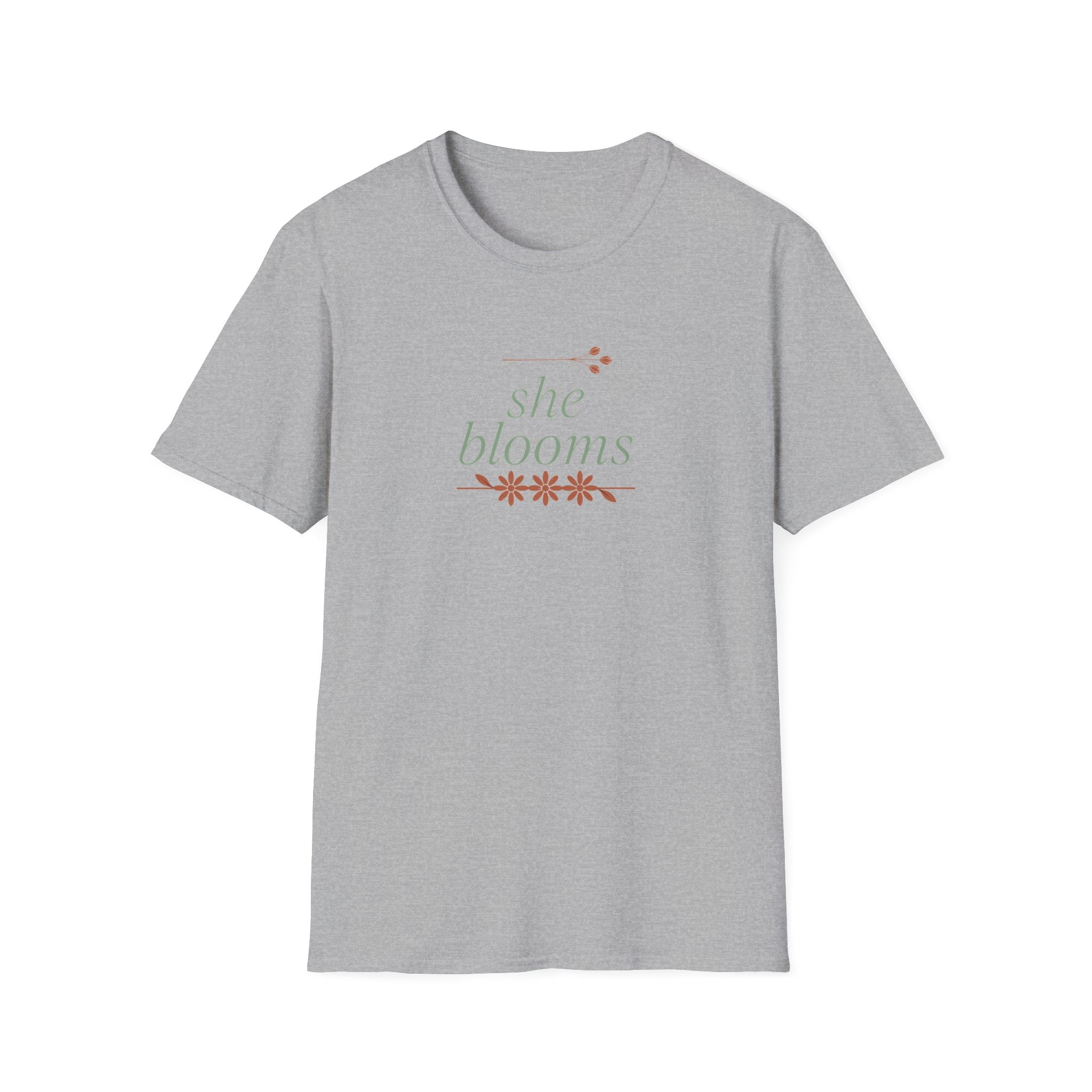 "She Blooms" Unisex T-Shirt – Inspirational Floral Botanical Tee