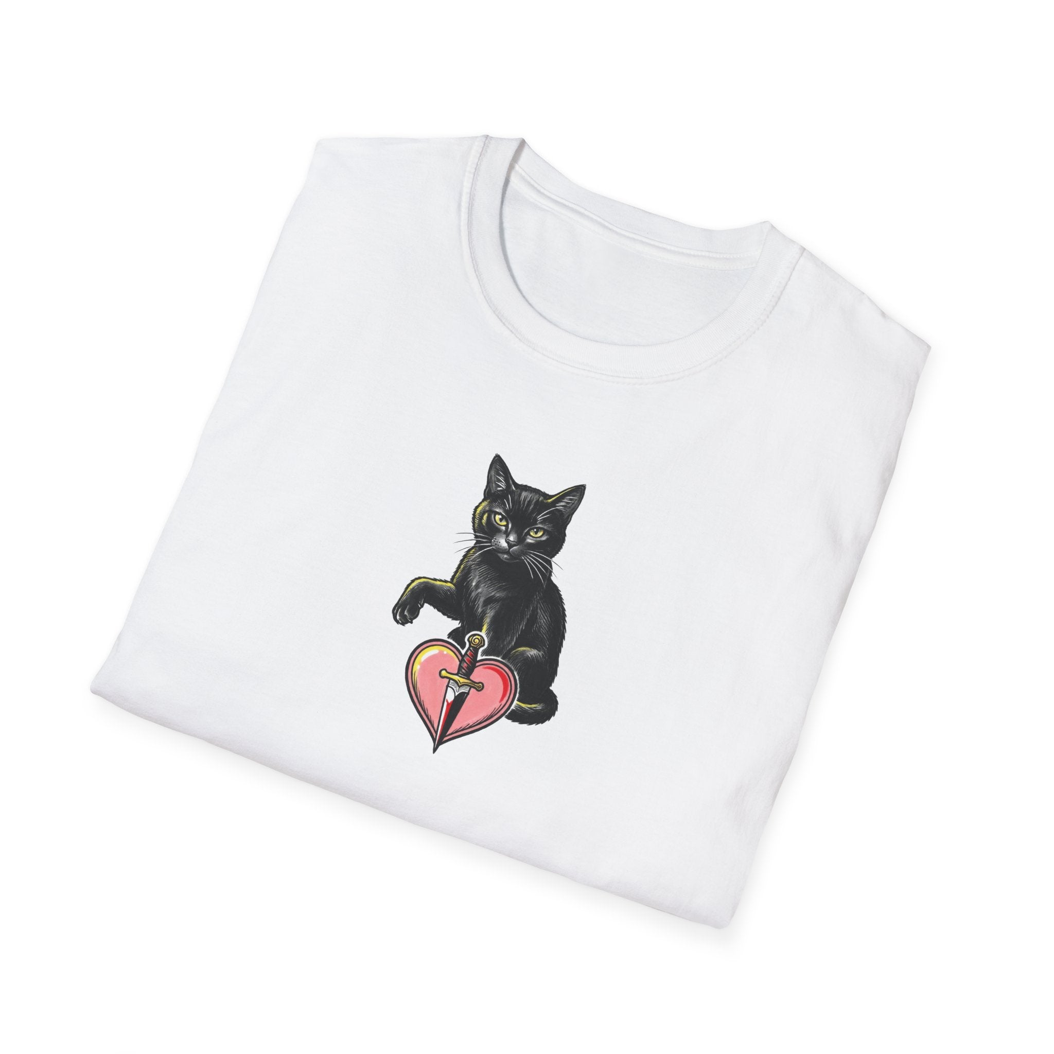 Vintage Tattoo Black Cat Unisex T-Shirt | Edgy Dagger and Heart Graphic Tee
