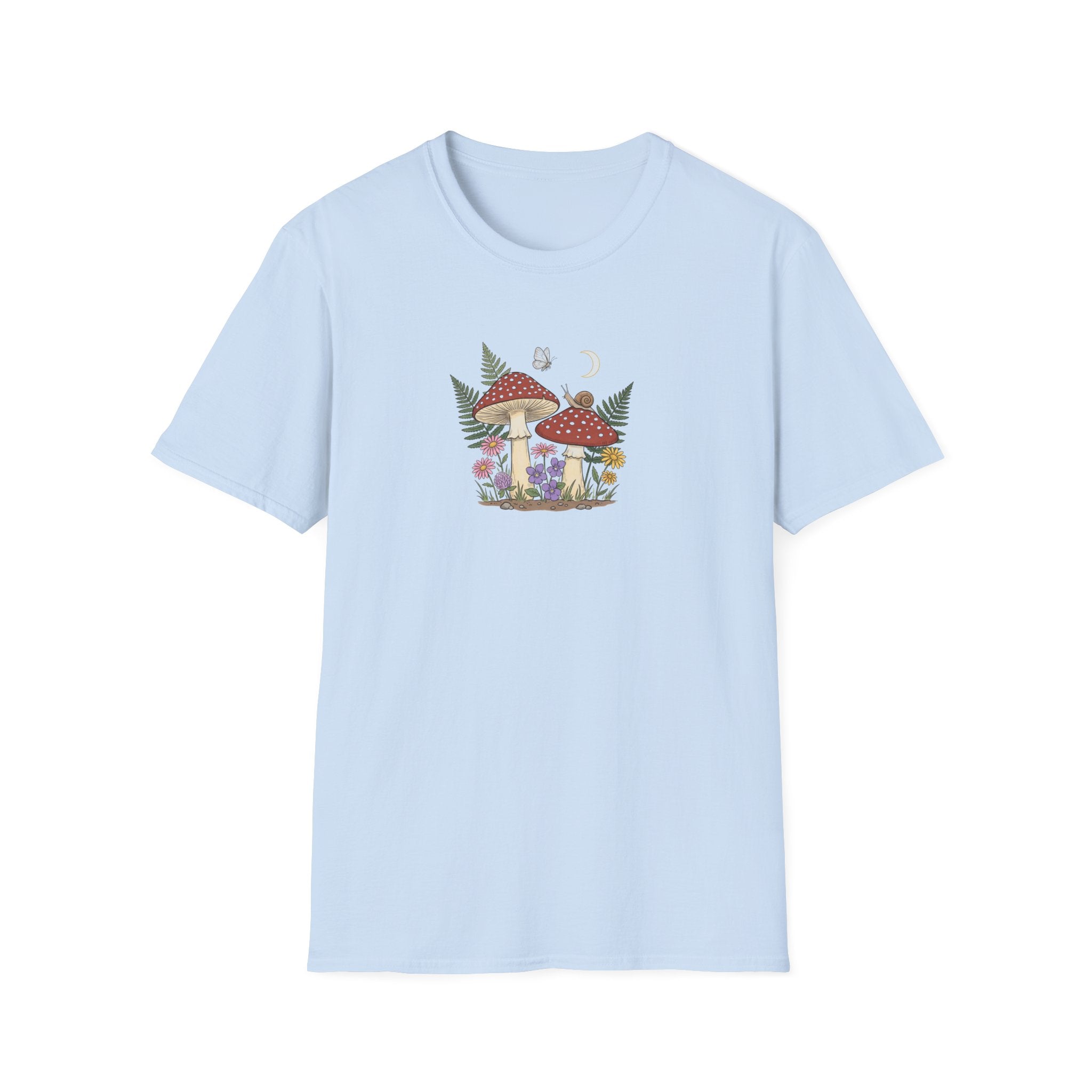 Vintage Mushroom and Forest Wildflower Unisex T-Shirt - Cottagecore Botanical Graphic Tee