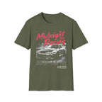 Olive green t-shirt with 'Midnight Racing' graphic and Japanese text, featuring a classic sports car design.
