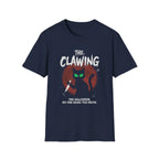 Halloween cat t-shirt with 'The Clawing' design and green eyes on red moon background