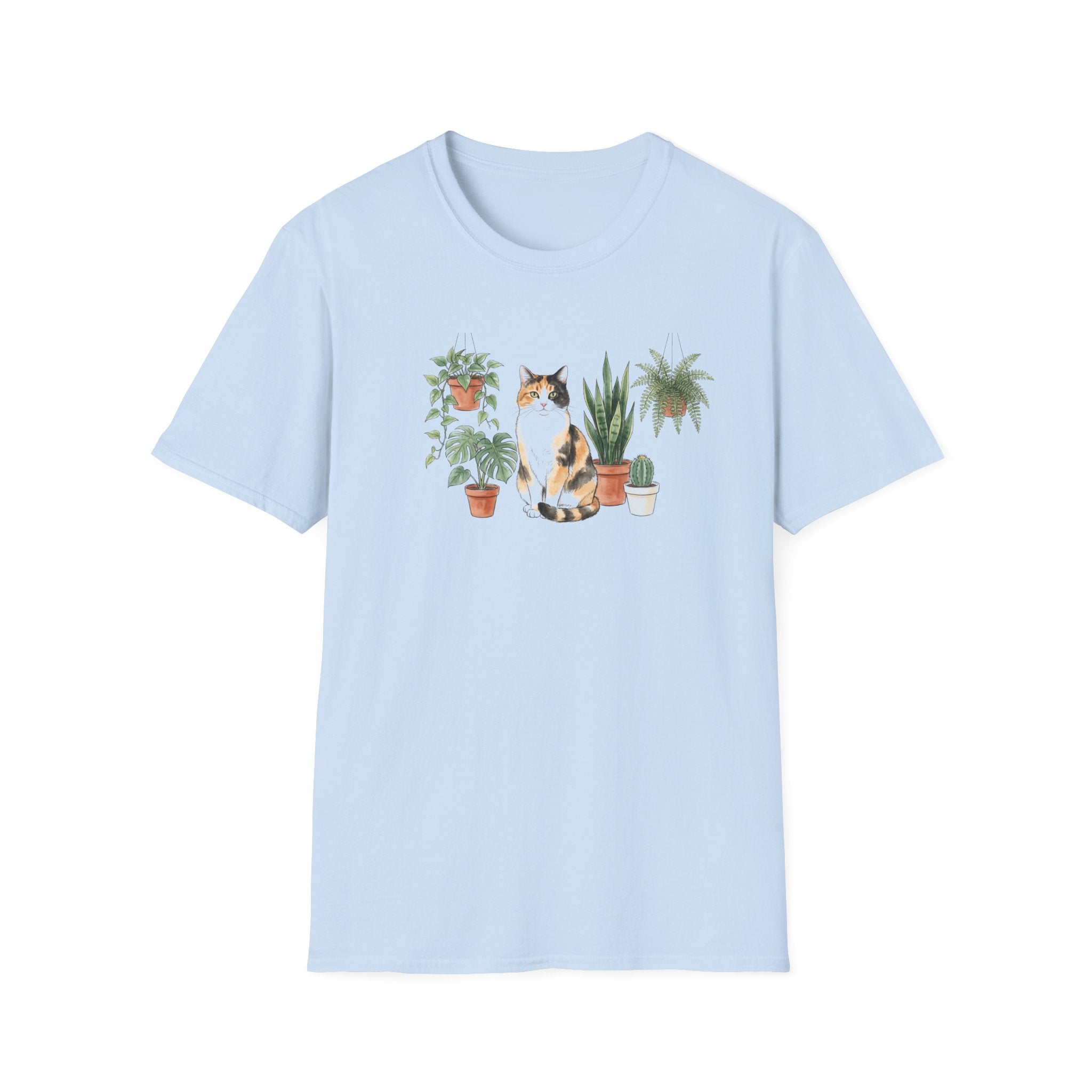 Vintage Calico Cat and Houseplants Unisex T-Shirt - Cute Botanical Cat Graphic Tee