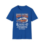 Blue t-shirt with vintage road racing car graphic, 'Road Racing' text, and '1947 Legendary Old School' design