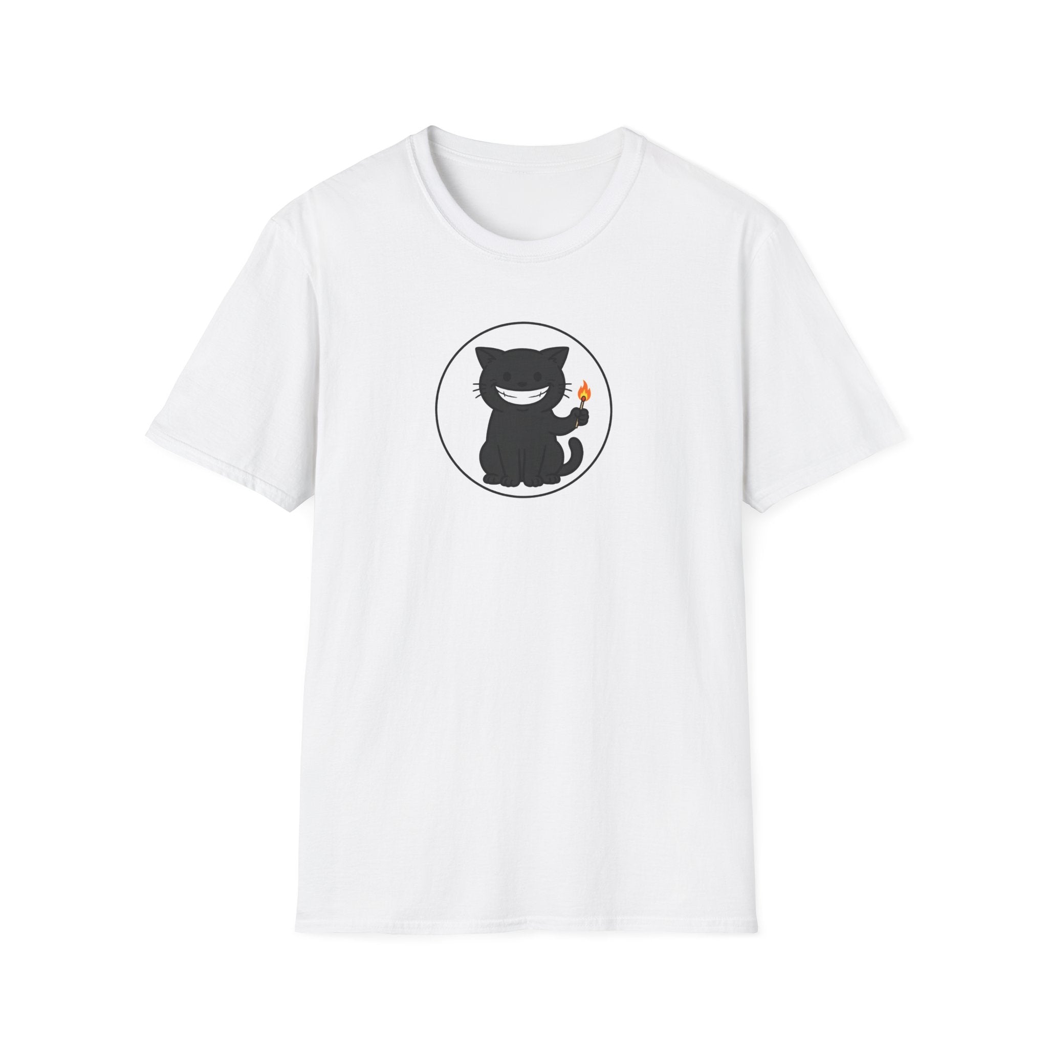 Mischievous Black Cat Holding Match T-Shirt - Funny Arson Cat White Tee