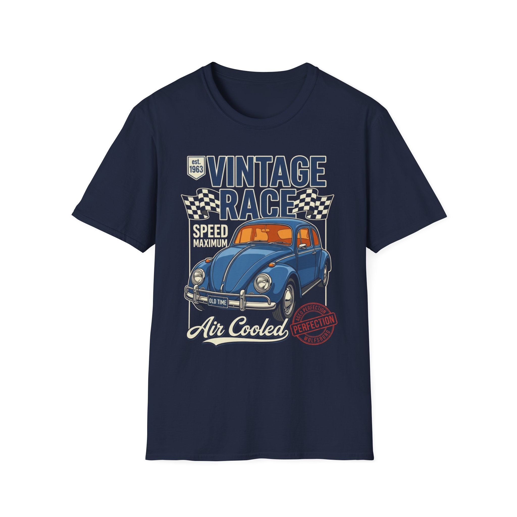 Vintage Air Cooled Beetle Racing T-Shirt - Retro Blue Bug Graphic Tee
