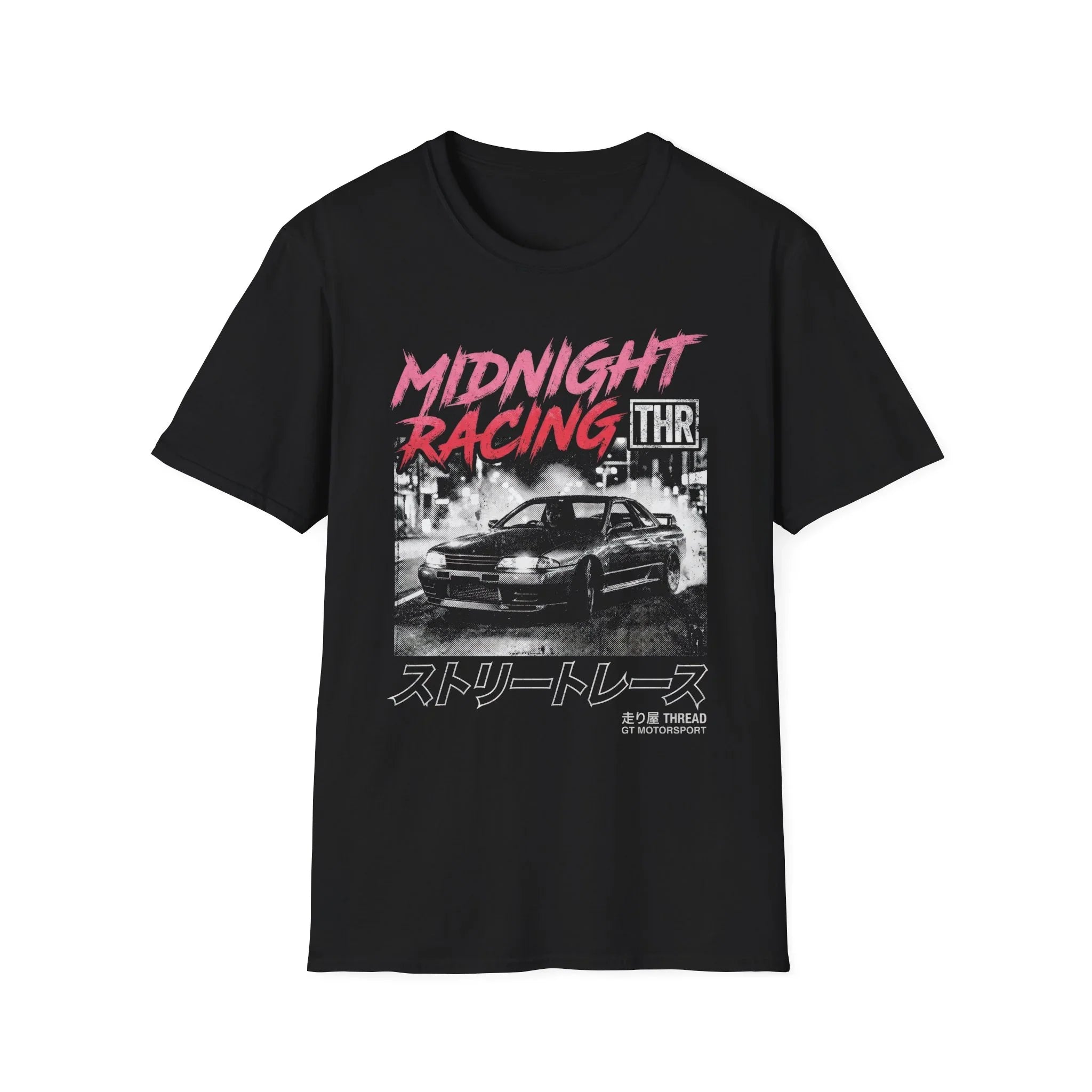 Black t-shirt with 'Midnight Racing' graphic, featuring a street race car and Japanese text design.