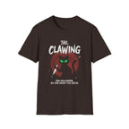 Halloween cat t-shirt with green eyes, red moon, and 'The Clawing' text for spooky season fun.