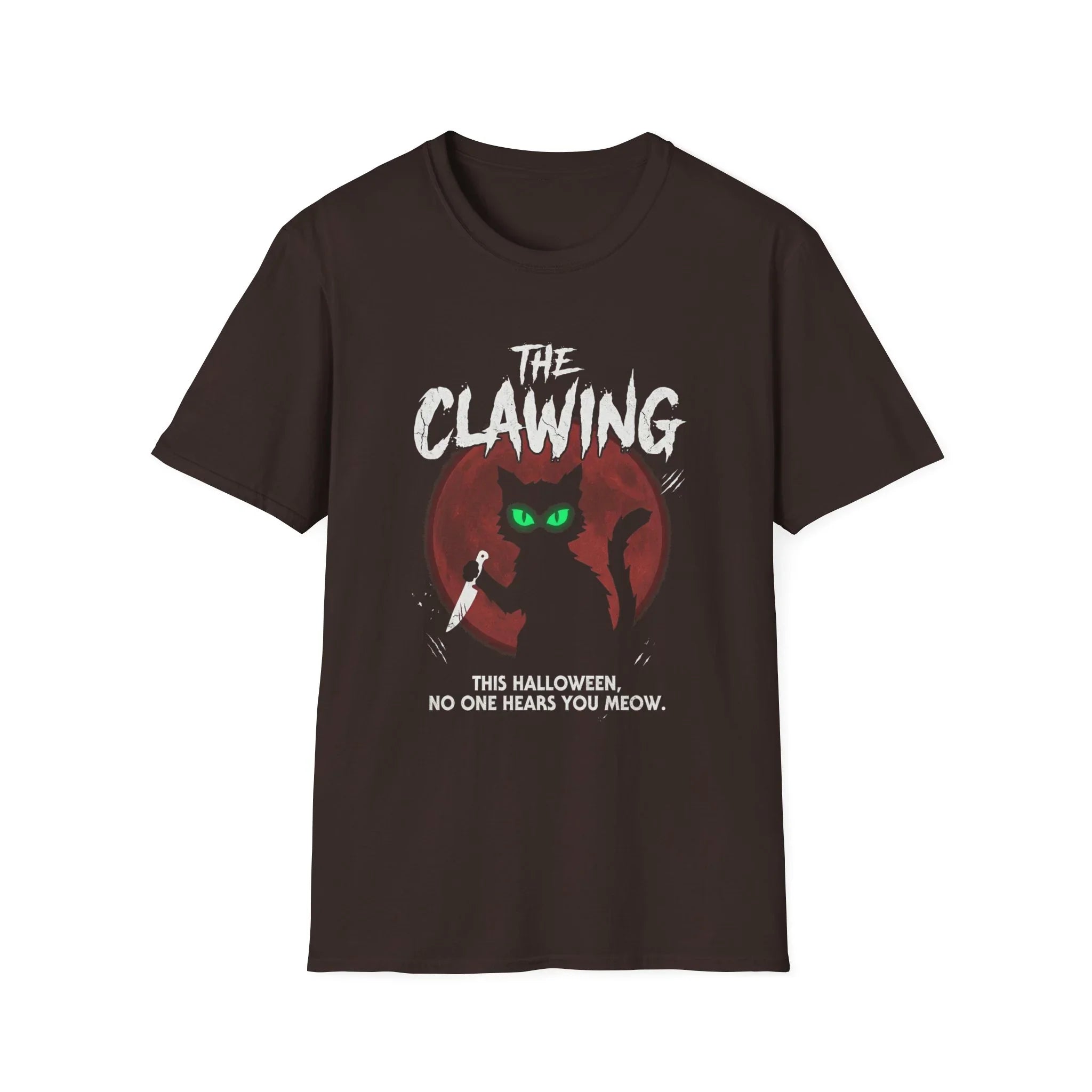Halloween cat t-shirt with green eyes, red moon, and 'The Clawing' text for spooky season fun.