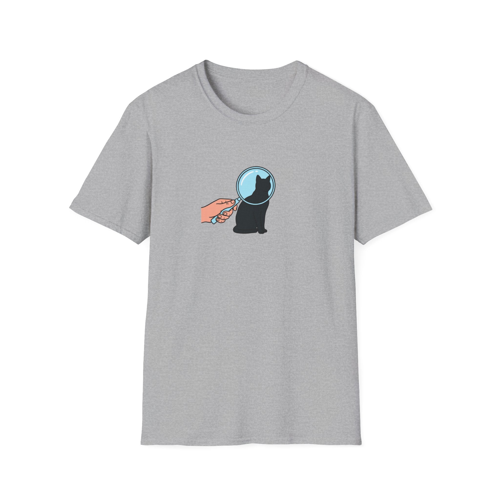 Minimalist Black Cat Magnifying Glass T-Shirt - Cute Pet Detective White Tee