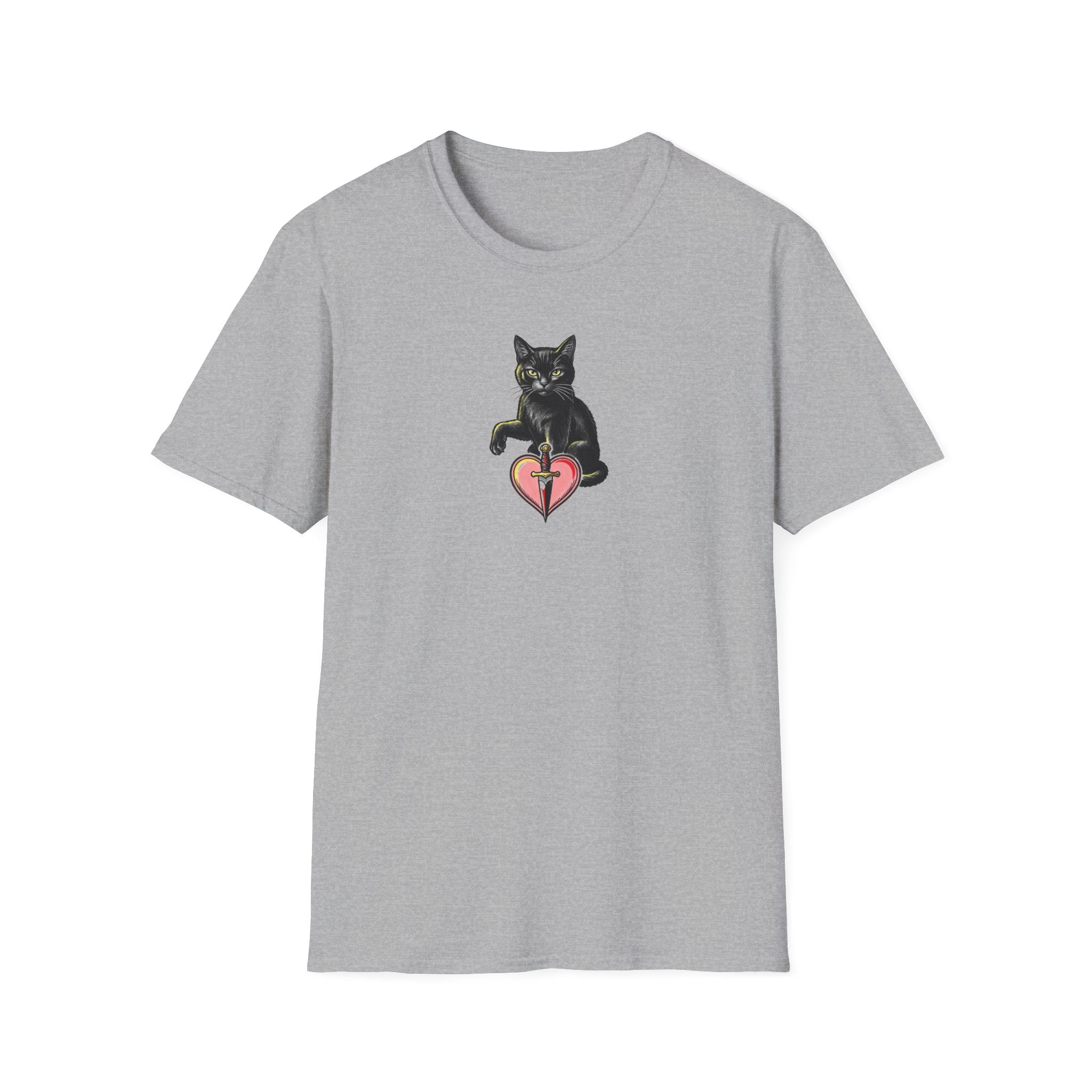 Vintage Tattoo Black Cat Unisex T-Shirt | Edgy Dagger and Heart Graphic Tee