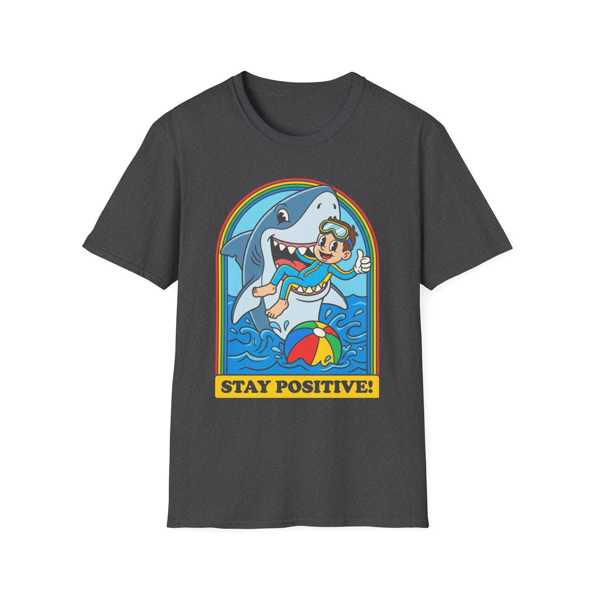 Stay Positive Shark Graphic T-Shirt - Retro Cartoon Ocean Fun Tee