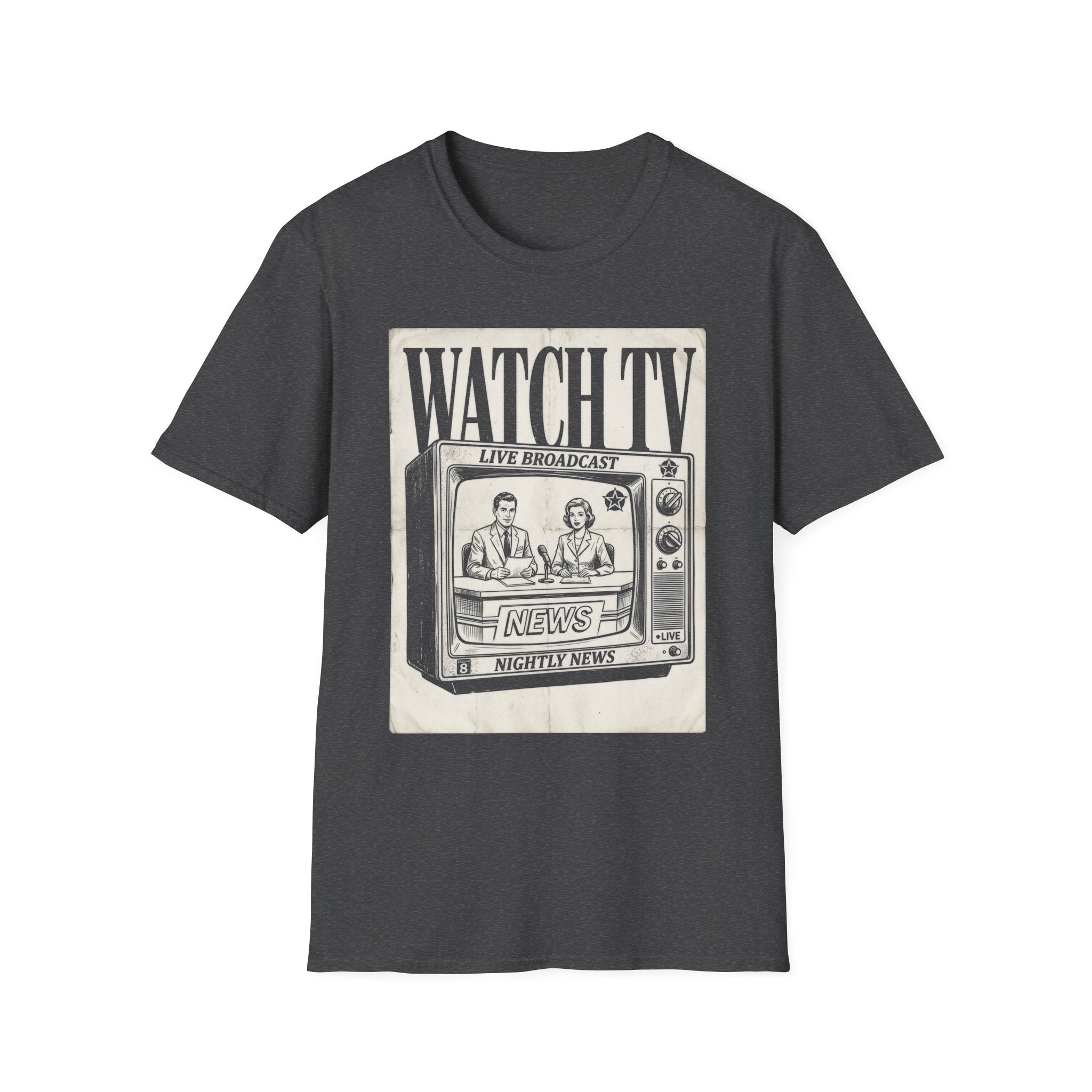 Vintage "WATCH TV" News Graphic T-Shirt - Retro Broadcast Nostalgia Tee