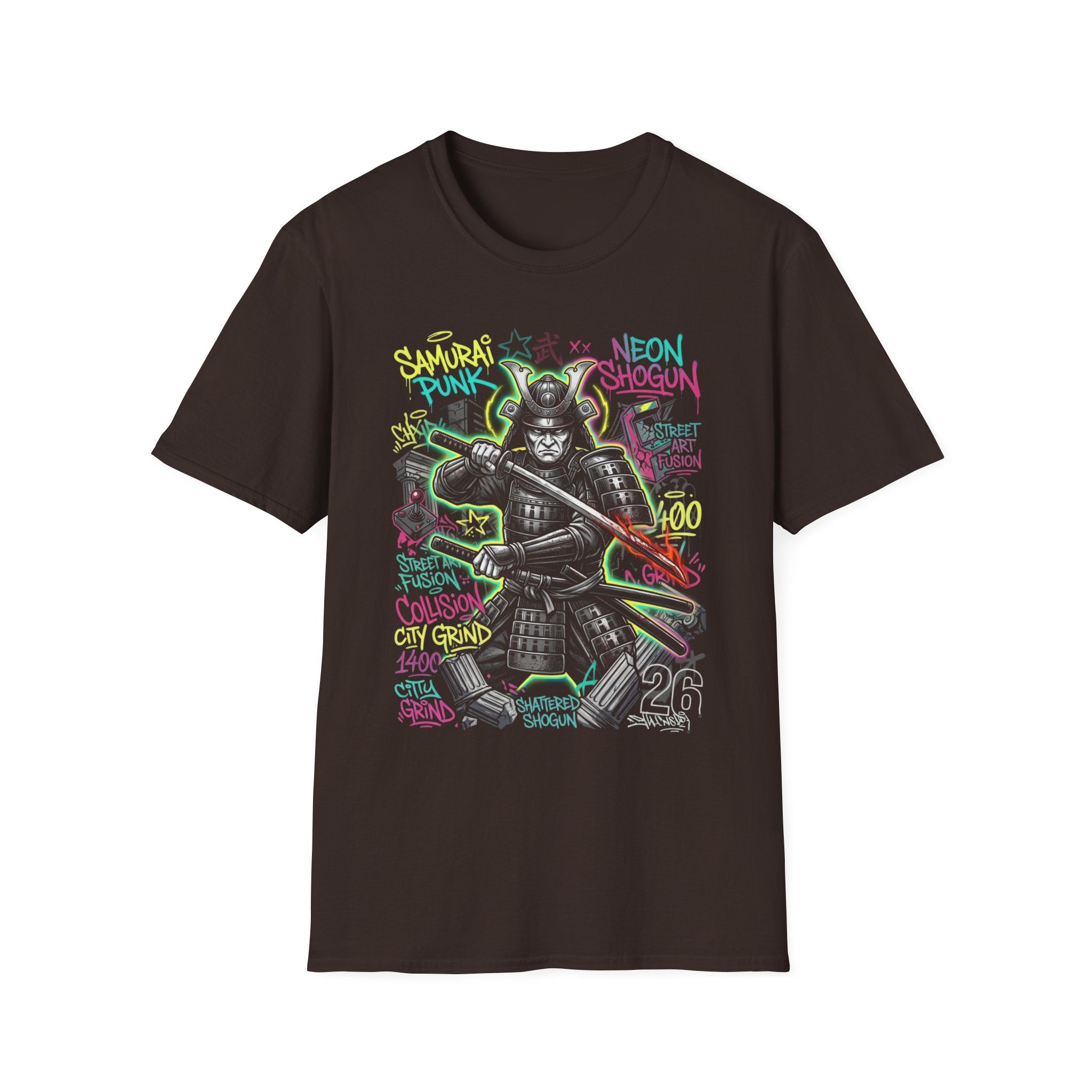Samurai Punk Neon Graffiti Graphic T-Shirt - Urban Streetwear Warrior Tee