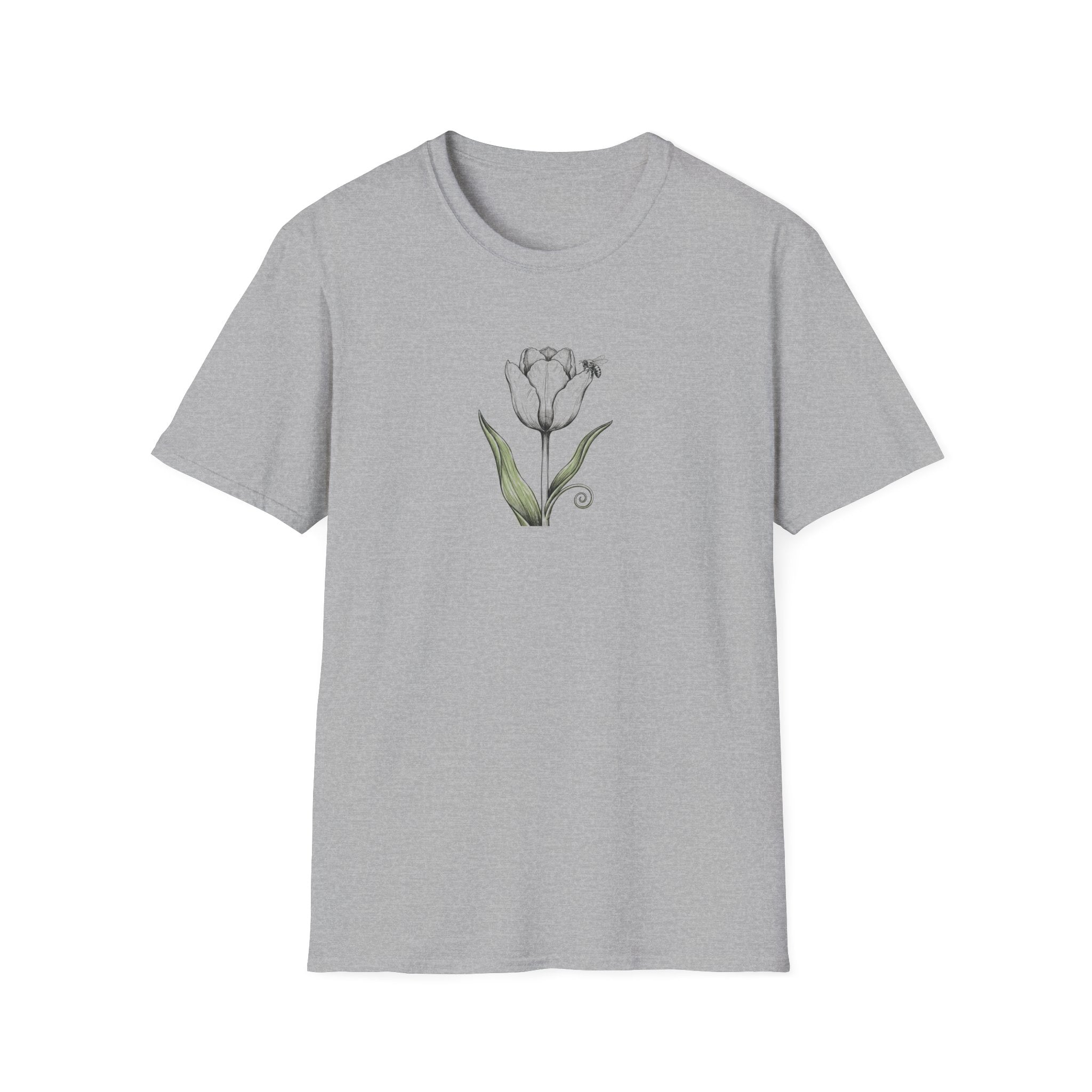 Minimalist White Tulip and Bee Unisex T-Shirt - Vintage Botanical Flower Graphic Tee