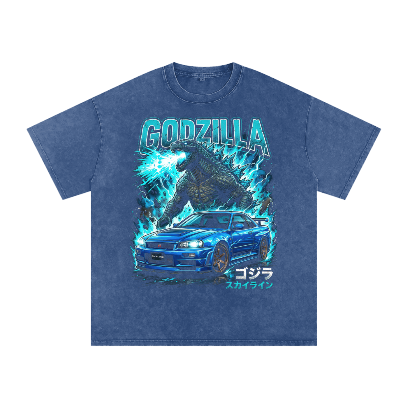 Godzilla x Nissan Skyline GT-R R34 Graphic Unisex Washed Oversized T-Shirt – Streetwear JDM Tee