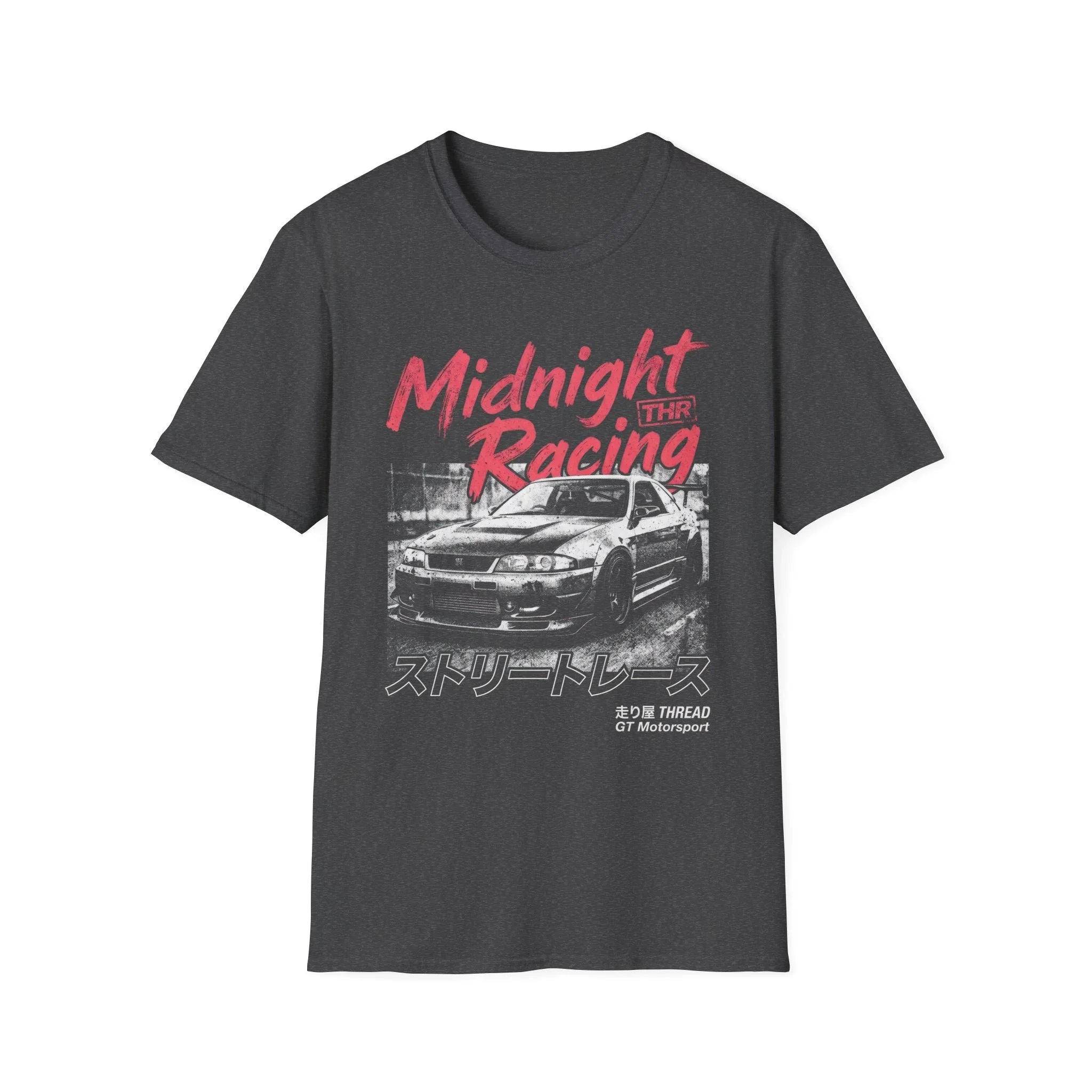 Midnight Racing T-shirt with street race car graphic and Japanese text design