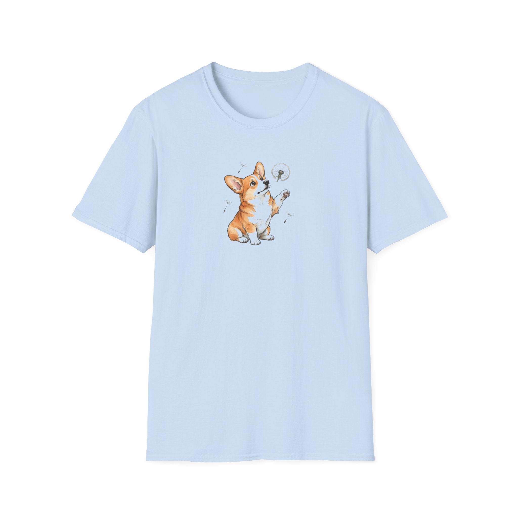 Adorable Corgi with Dandelion Unisex T-Shirt – Cute Dog Lover Graphic Tee