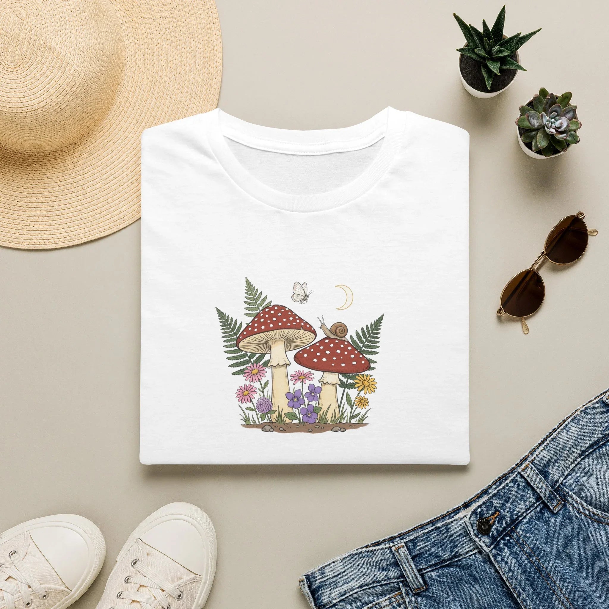 Vintage Mushroom and Forest Wildflower Unisex T-Shirt - Cottagecore Botanical Graphic Tee