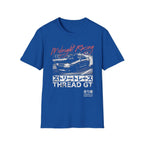 Blue Midnight Racing T-shirt with street race car graphic, Japanese text, and THREAD GT Motorsport design