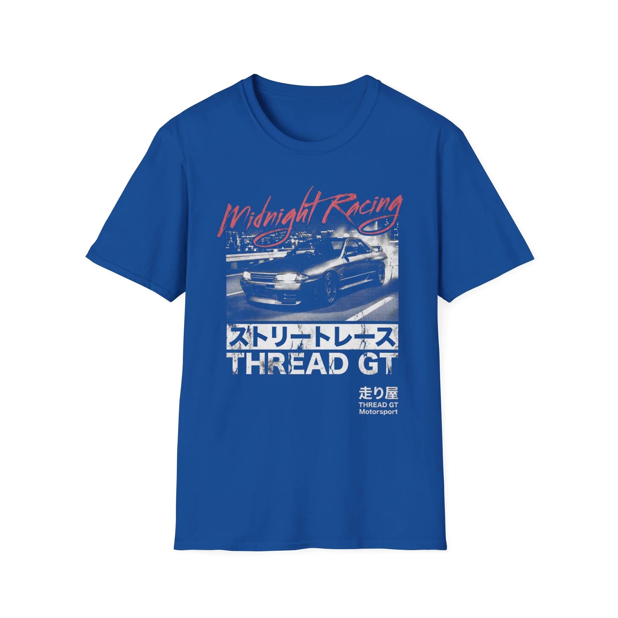 Blue Midnight Racing T-shirt with street race car graphic, Japanese text, and THREAD GT Motorsport design
