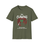 Green Halloween t-shirt with cat design, 'The Clawing' text, and spooky green eyes.